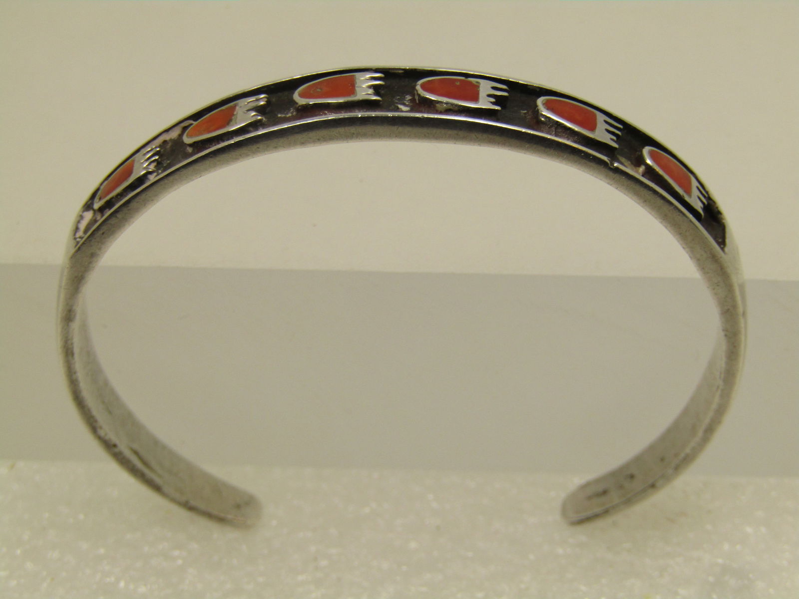 Vintage Southwestern Sterling Coral Bear Paw Bracelet, Cuff, 6.25", 1970's-1980's - 6