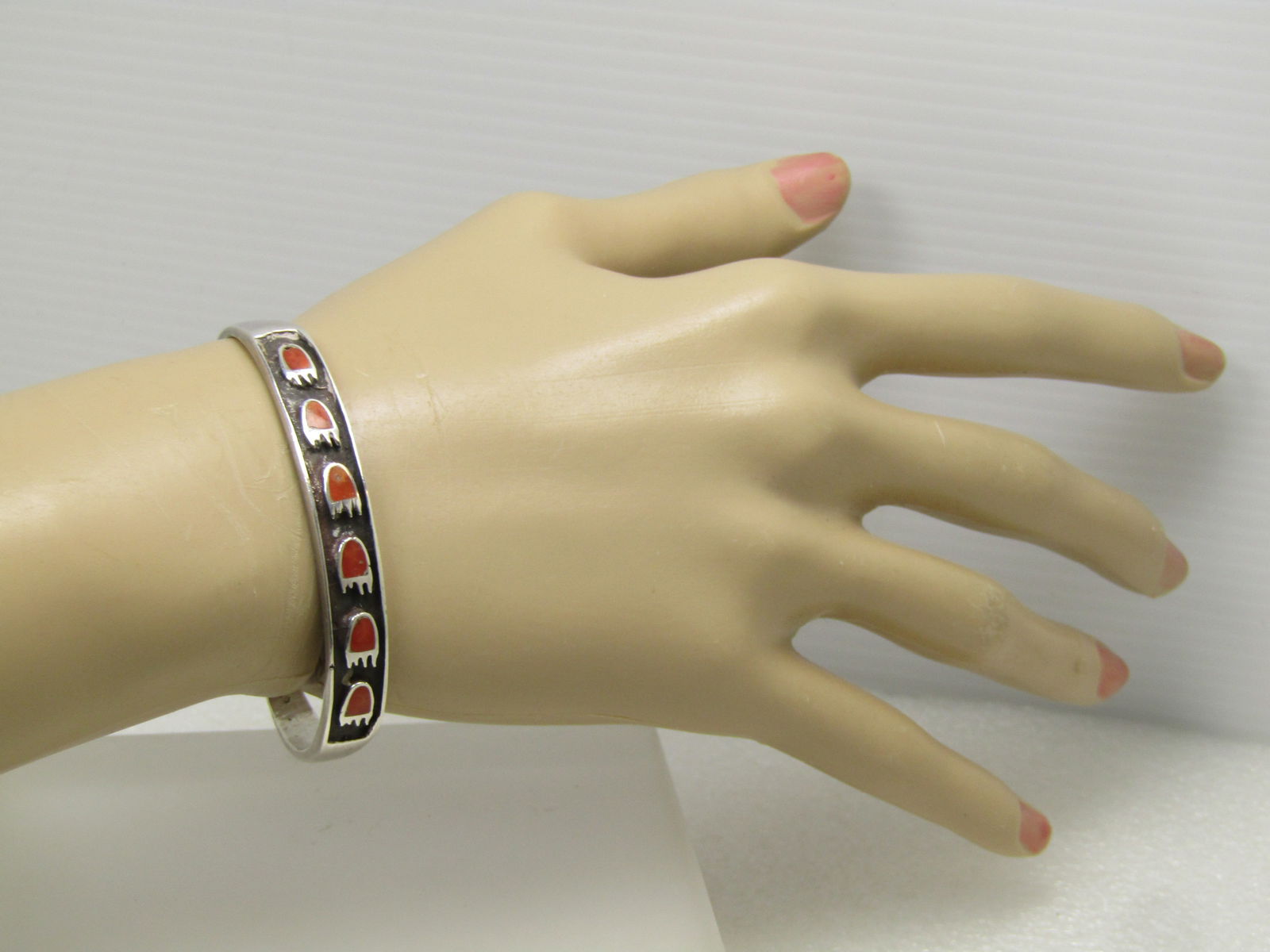 Vintage Southwestern Sterling Coral Bear Paw Bracelet, Cuff, 6.25", 1970's-1980's - 9