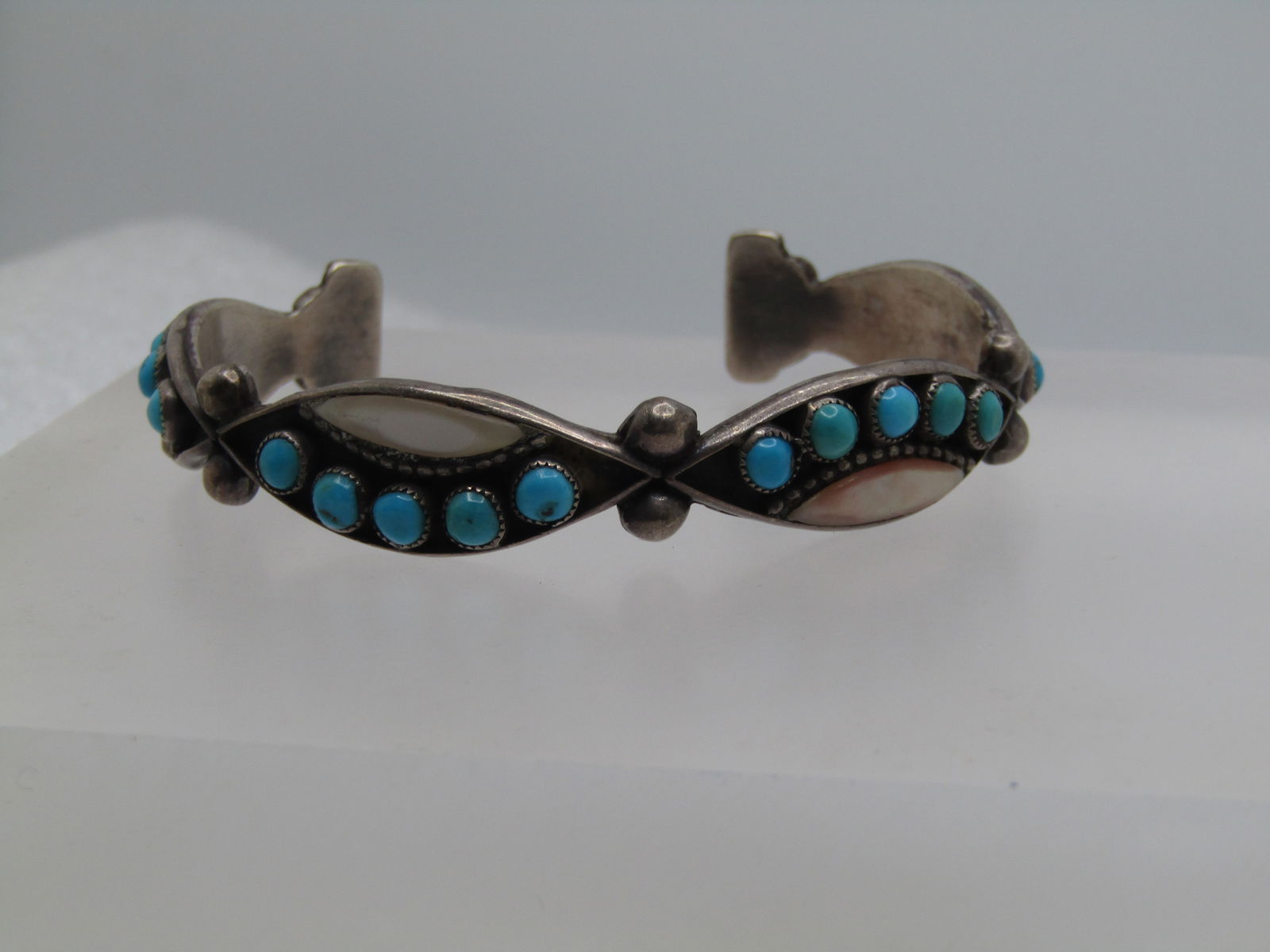 Vintage Sterling Southwestern Turquoise Cuff Bracelet, With MOP, 6", 1960's-1970's - 2