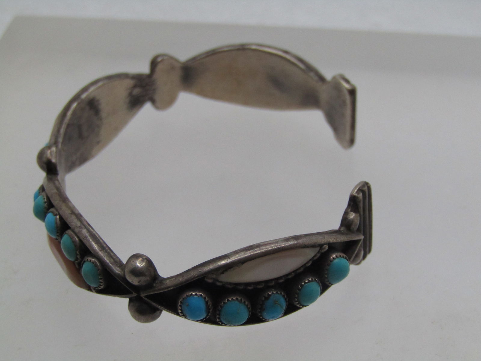Vintage Sterling Southwestern Turquoise Cuff Bracelet, With MOP, 6", 1960's-1970's - 3