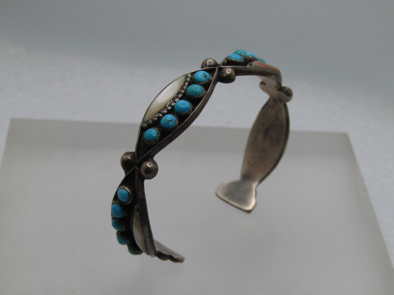Vintage Sterling Southwestern Turquoise Cuff Bracelet, With MOP, 6", 1960's-1970's - 5