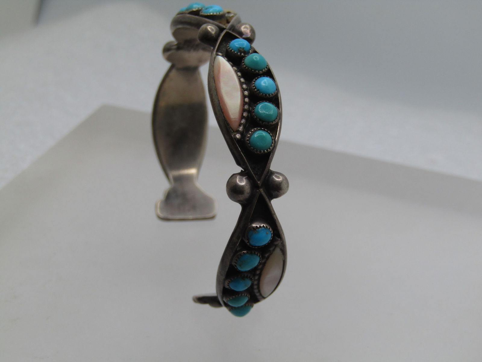 Vintage Sterling Southwestern Turquoise Cuff Bracelet, With MOP, 6", 1960's-1970's - 6