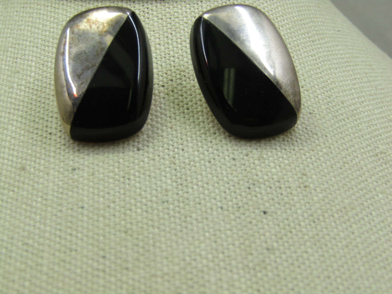Vintage Sterling Onyx Silver Earrings, Mexico, Signed CII, Pierced - 2
