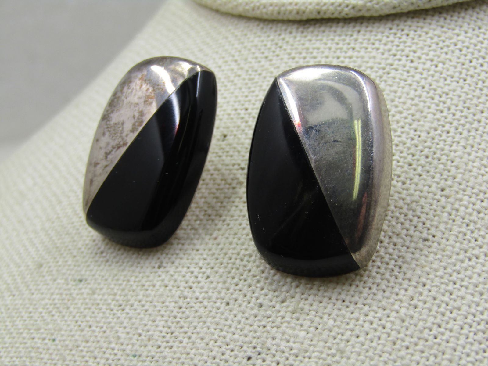 Vintage Sterling Onyx Silver Earrings, Mexico, Signed CII, Pierced - 4