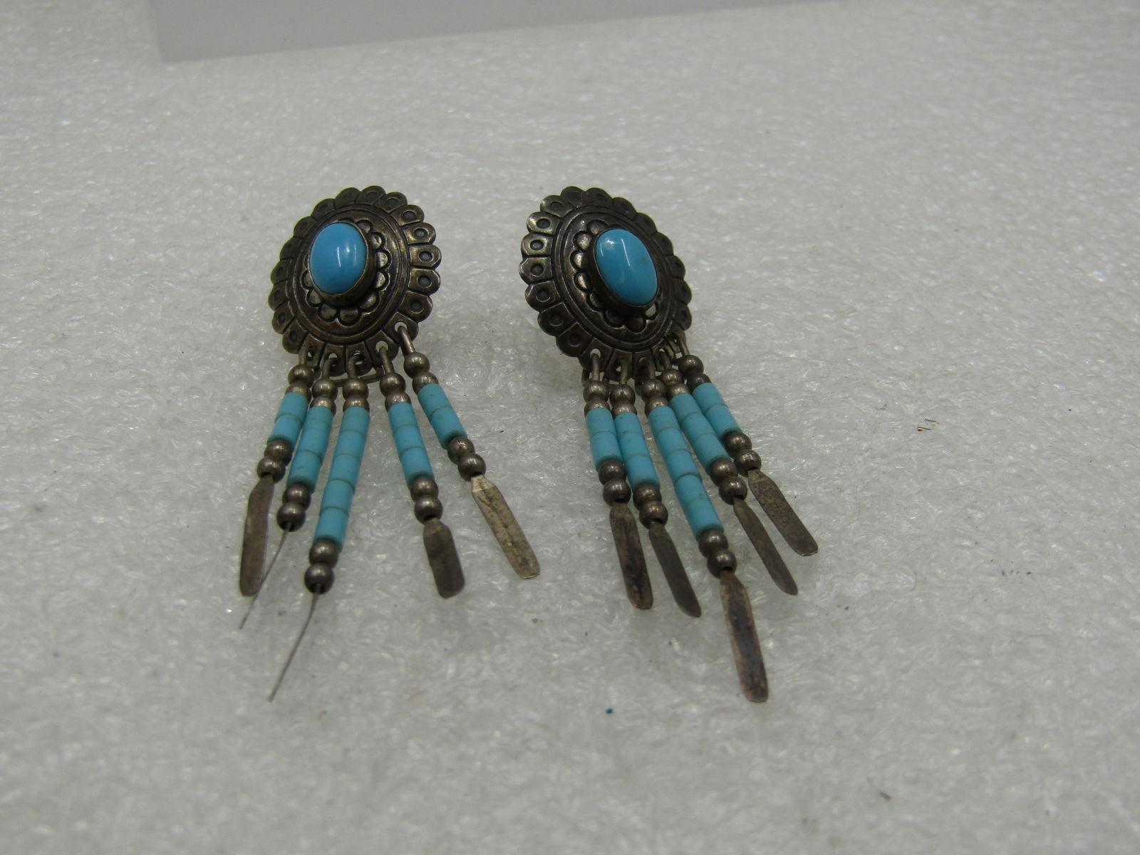 Vintage Southwestern Concho Turquoise Drop Earrings, Signed Q.T.: Title: Vintage Southwestern Concho Turquoise Drop Earrings, Signed Q.T. Description: Vintage Southwestern Concho Turquoise Drop Earrings, Signed Q.T. which is Quoc Turquoise which was a shop that sold