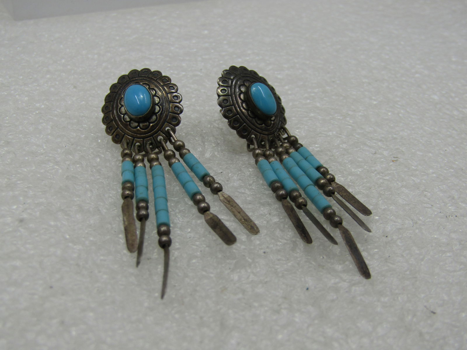 Vintage Southwestern Concho Turquoise Drop Earrings, Signed Q.T. - 2