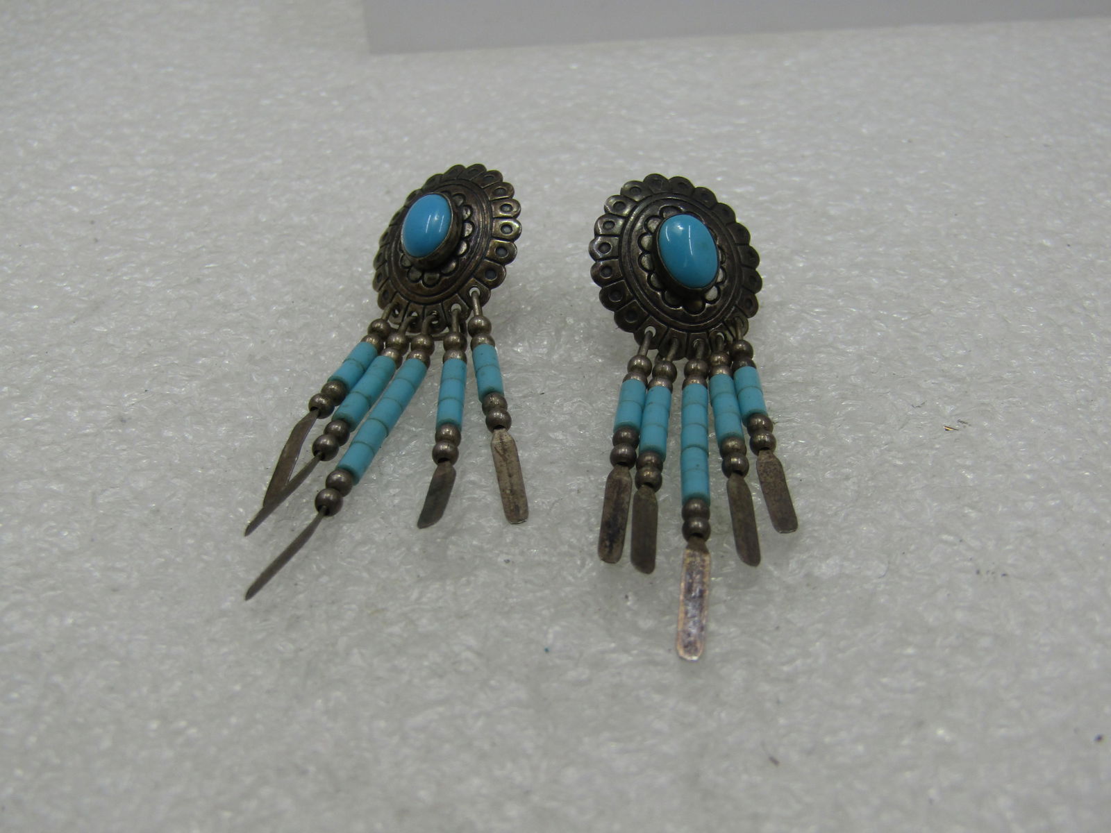 Vintage Southwestern Concho Turquoise Drop Earrings, Signed Q.T. - 3