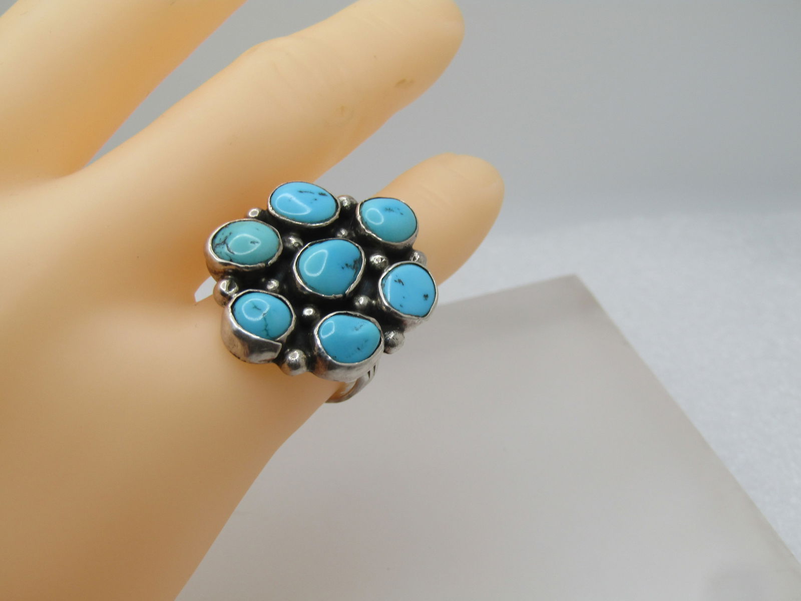 Vintage Sterling Southwestern Turquoise Cluster Ring, Sz. 9, Unisex, 1980's - 6