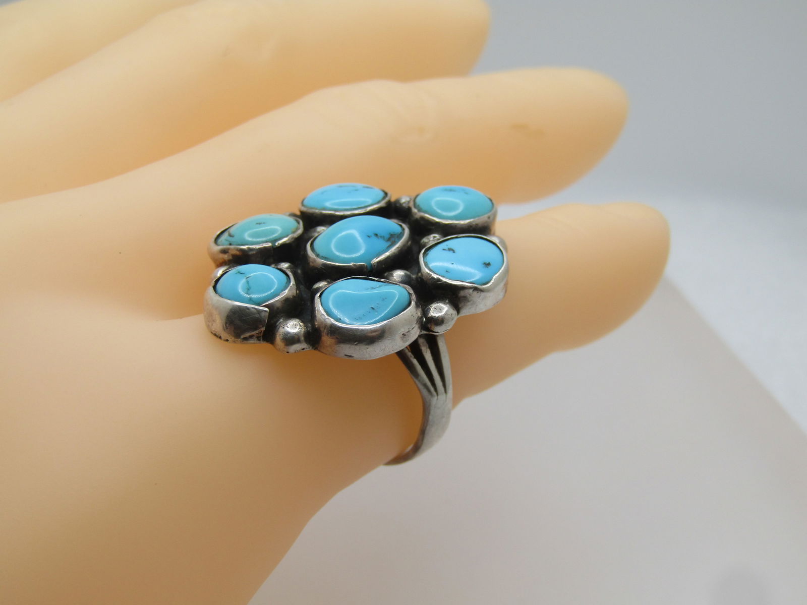 Vintage Sterling Southwestern Turquoise Cluster Ring, Sz. 9, Unisex, 1980's - 7