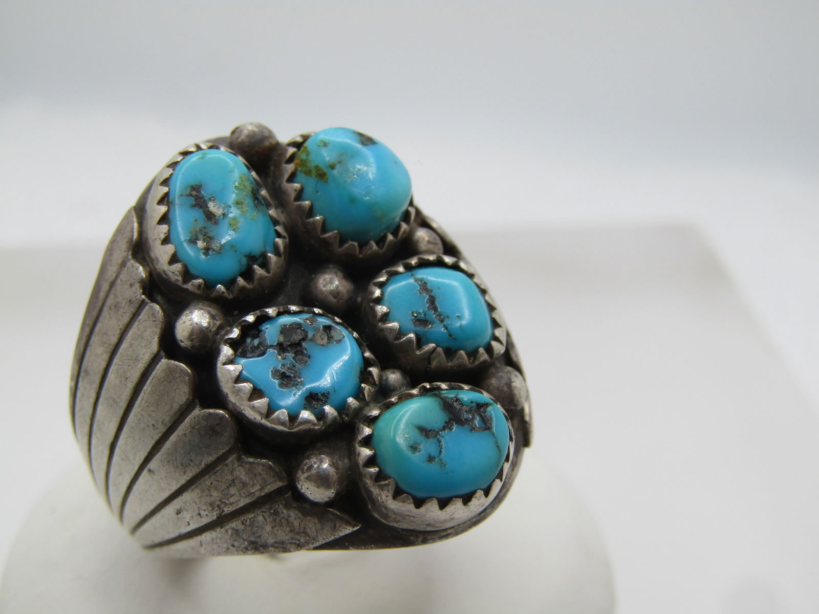Vintage Sterling Turquoise Cluster Ring, Sz. 11.25, Signed NJ, 1970's-1980's - 2