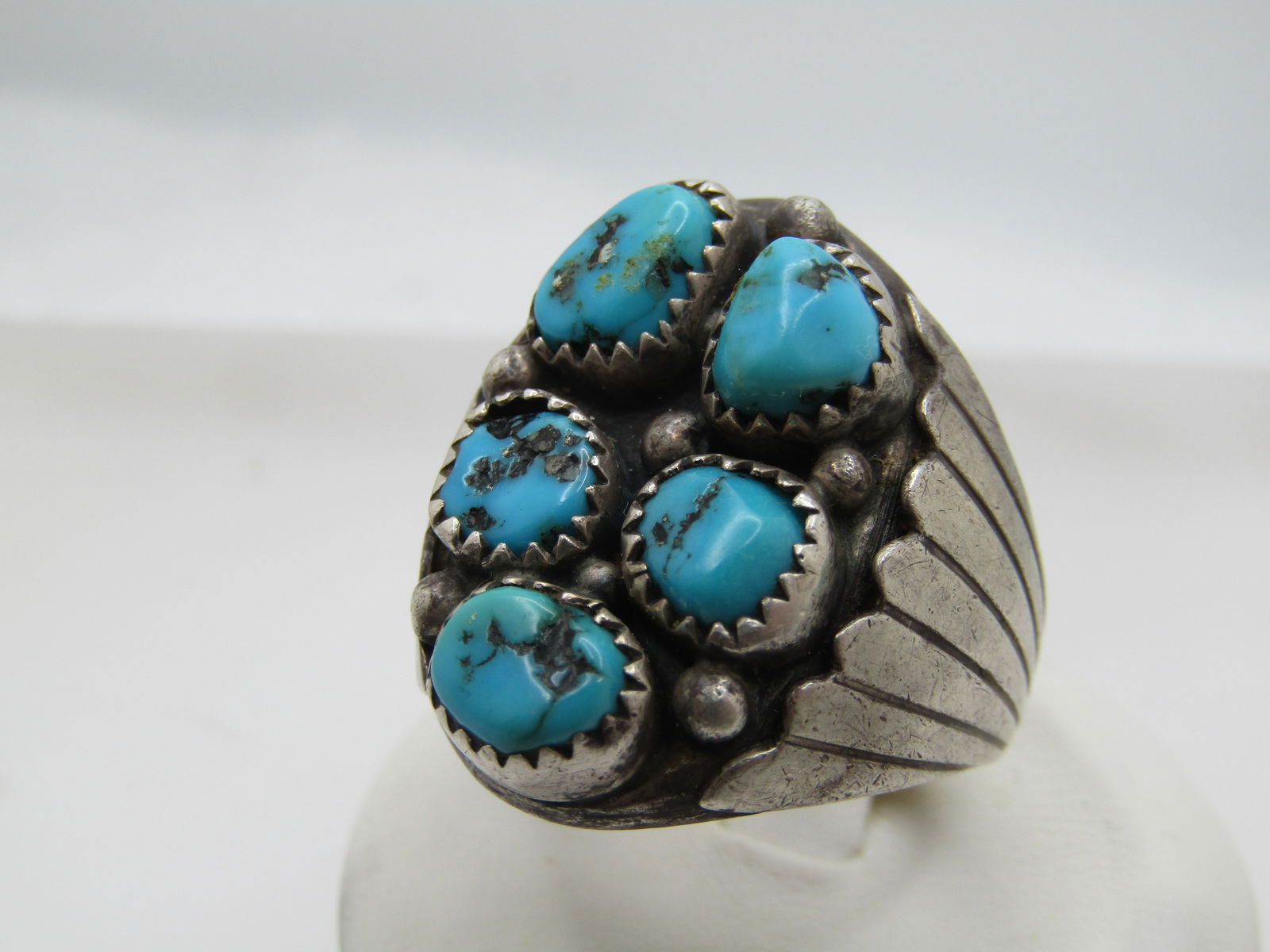 Vintage Sterling Turquoise Cluster Ring, Sz. 11.25, Signed NJ, 1970's-1980's - 3