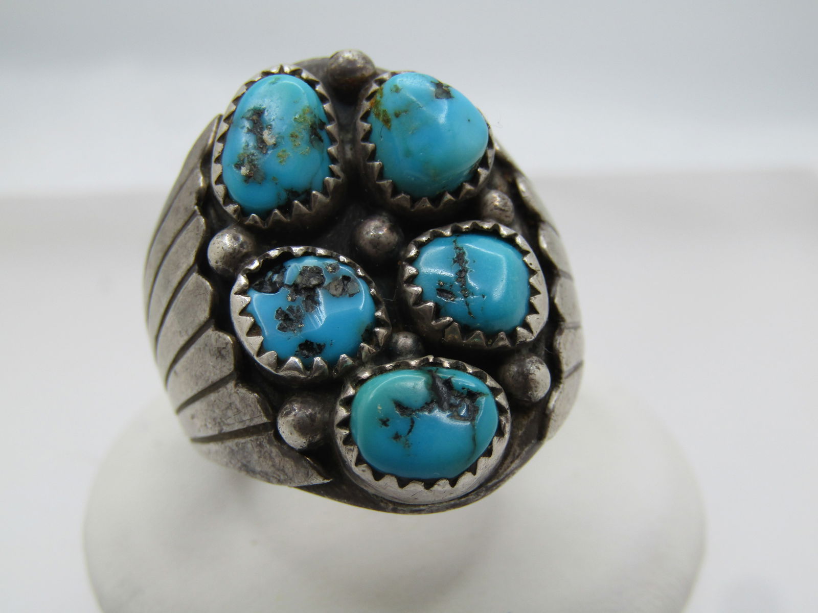 Vintage Sterling Turquoise Cluster Ring, Sz. 11.25, Signed NJ, 1970's-1980's - 4