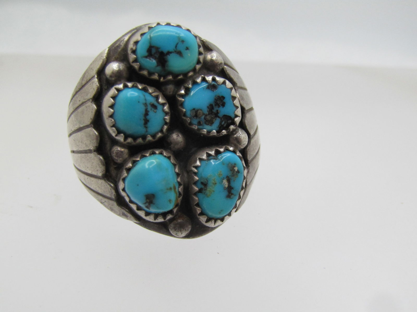 Vintage Sterling Turquoise Cluster Ring, Sz. 11.25, Signed NJ, 1970's-1980's - 6