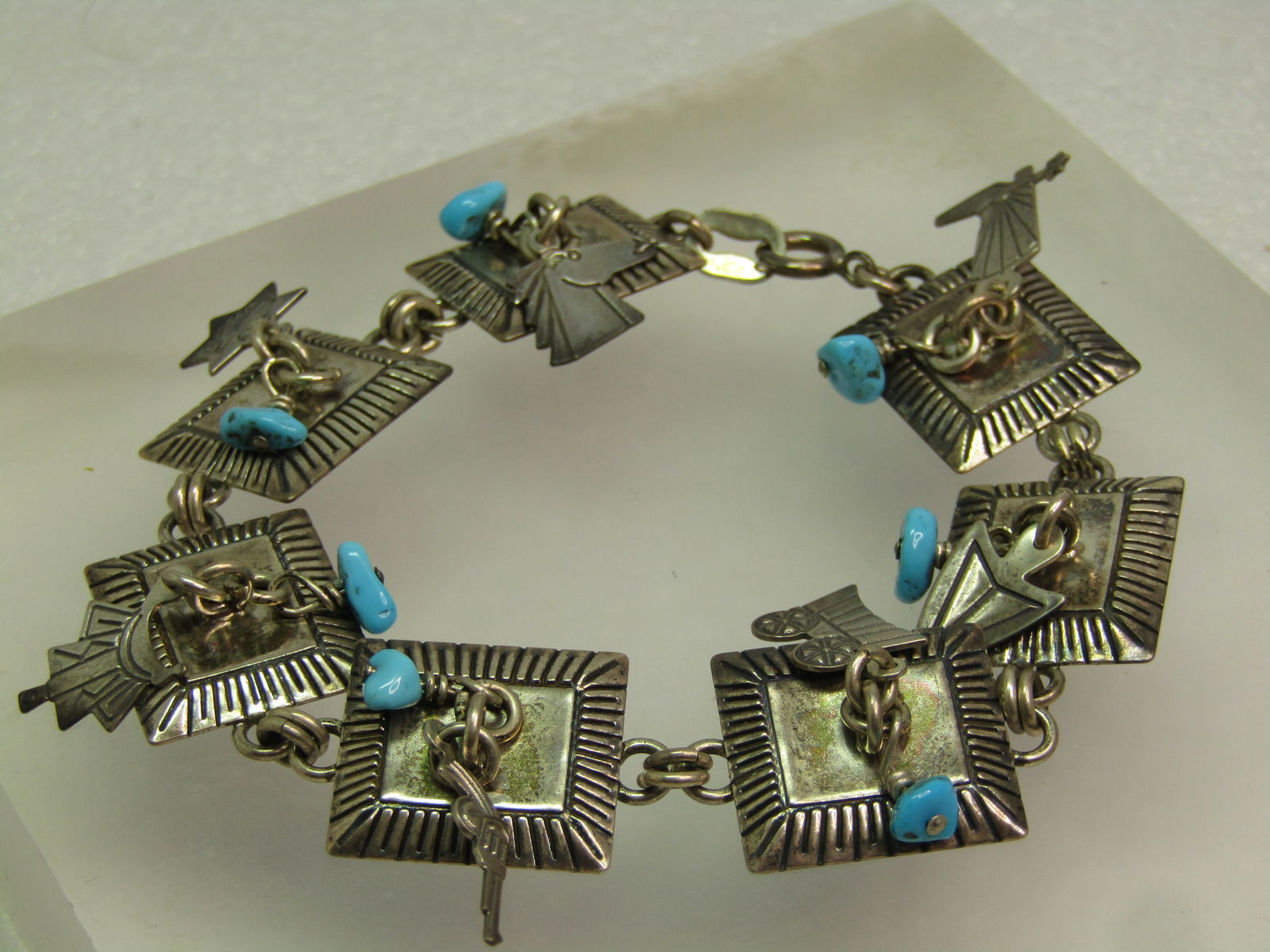 Vintage Sterling Turquoise & Charm Bracelet, Navajo, Richard Begay, 1970's. 7.75" - 3