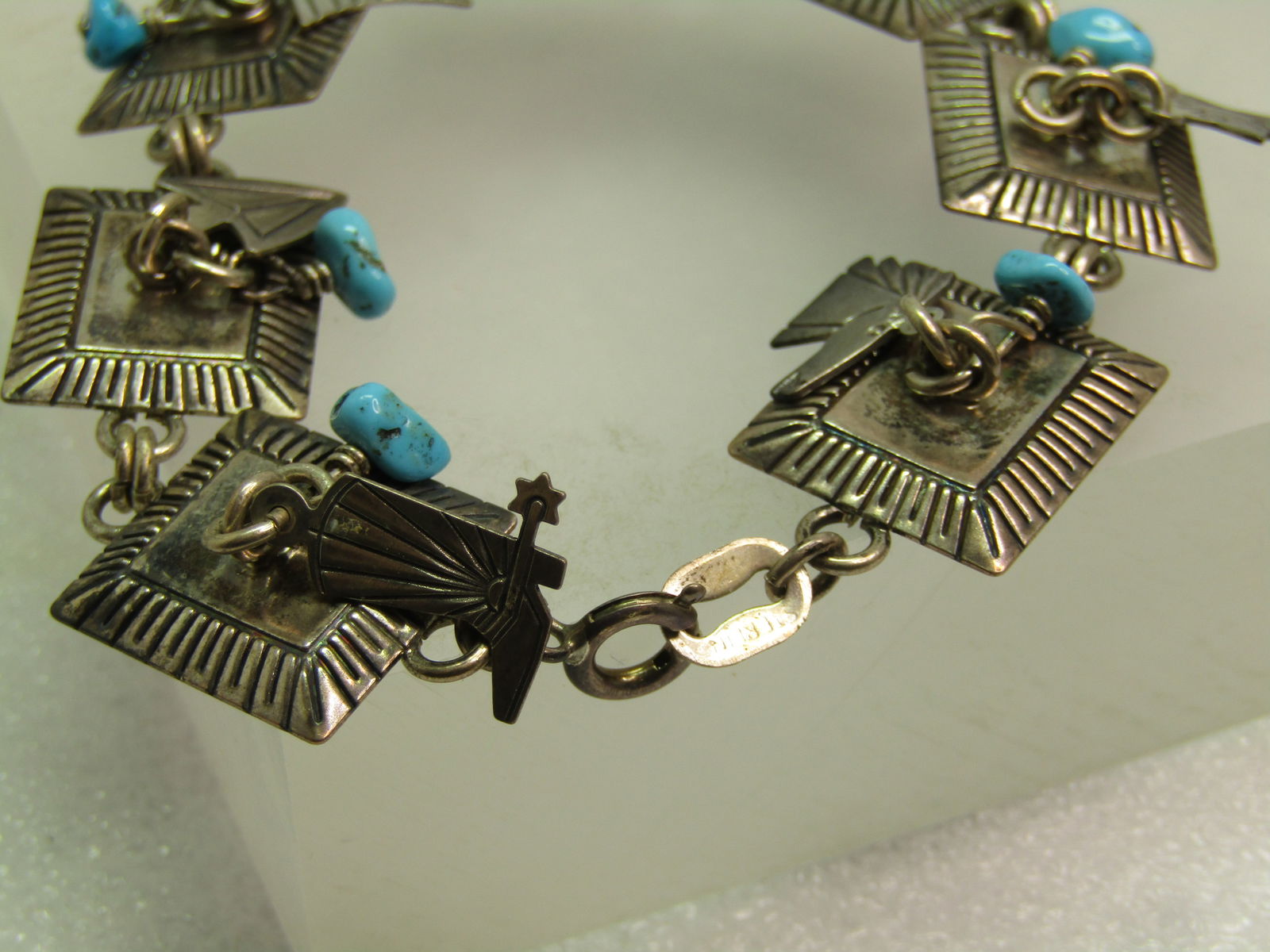 Vintage Sterling Turquoise & Charm Bracelet, Navajo, Richard Begay, 1970's. 7.75" - 4