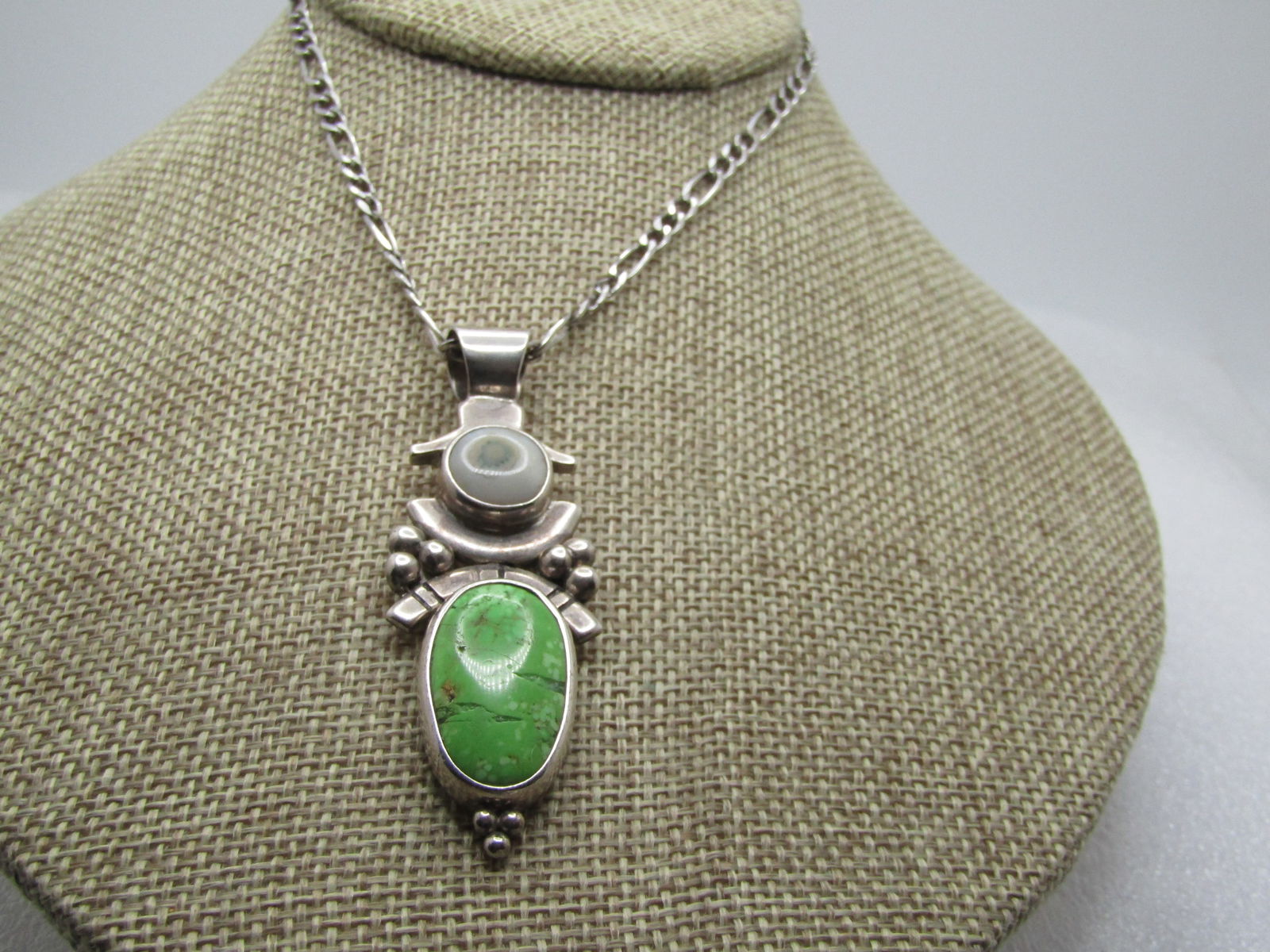 Sterling Southwestern Gaspeite Signed Necklace, 20", Unisex, Hand Crafted. 1980's-2010: Title: Sterling Southwestern Gaspeite Signed Necklace, 20", Unisex, Hand Crafted. 1980's-2010 Description: Sterling Southwestern Gaspeite Signed Necklace, 20", Unisex, Hand Crafted. The pendant has