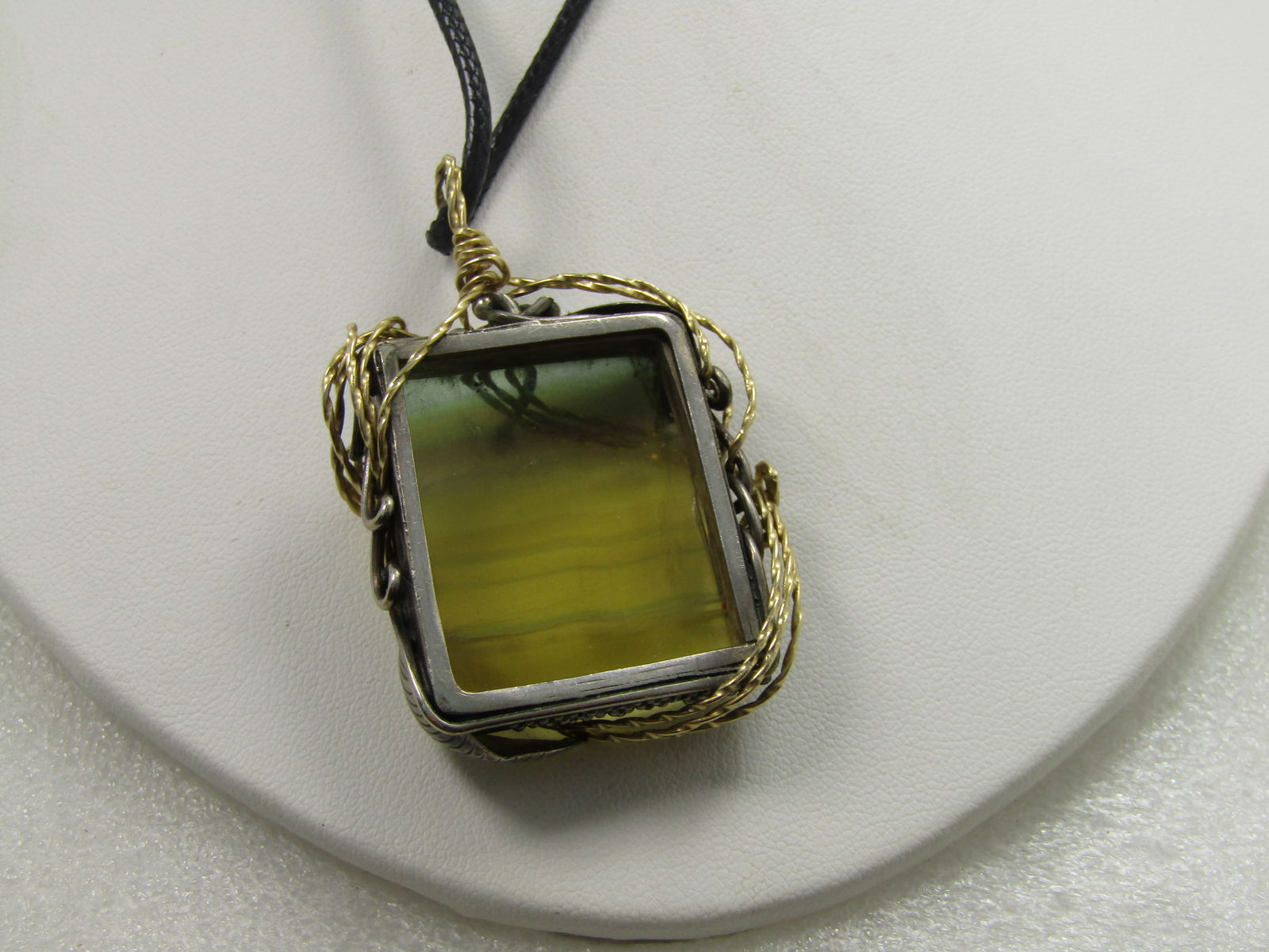 Vintage Sterling Yellow Stone Wrapped Pendant, Southwestern/Mod, 24"-26" - 3
