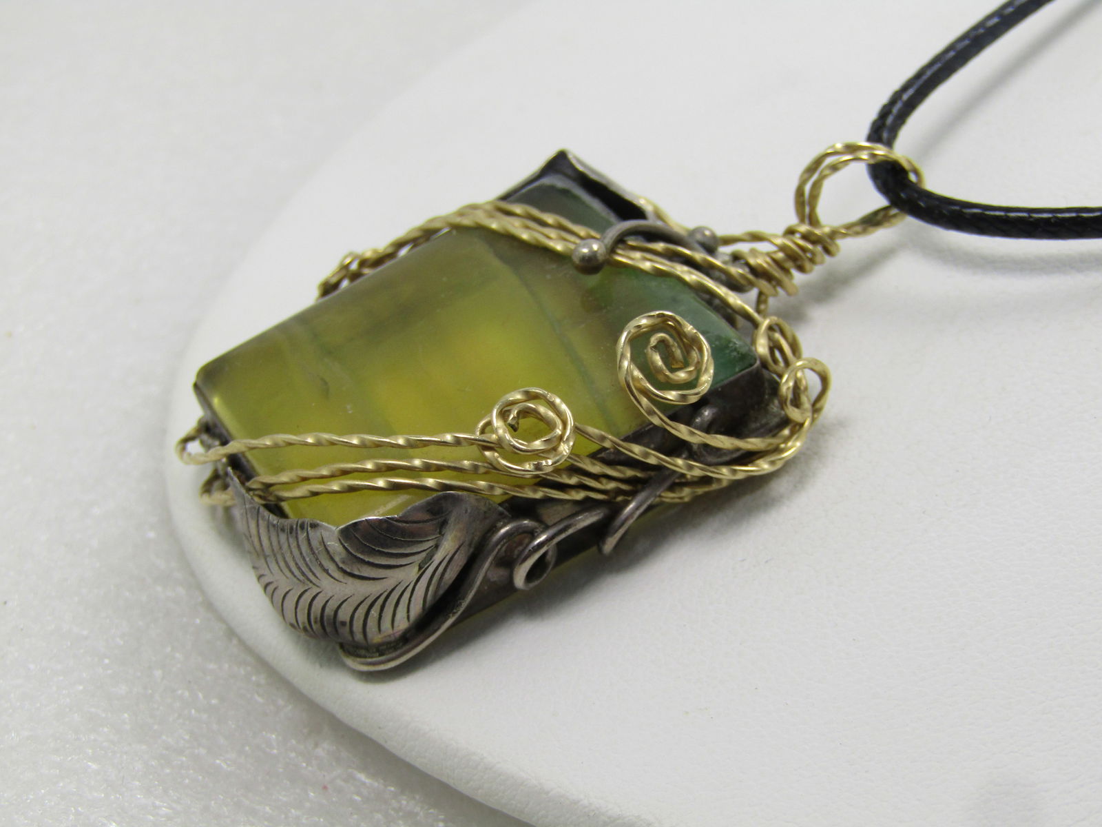 Vintage Sterling Yellow Stone Wrapped Pendant, Southwestern/Mod, 24"-26" - 5