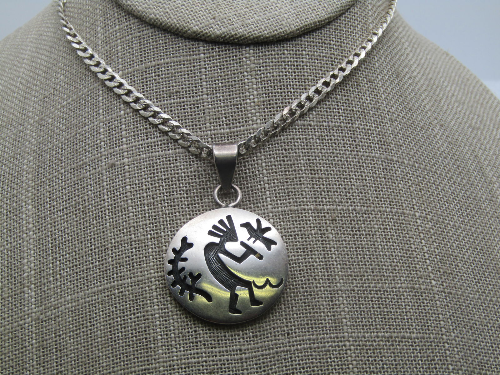 Vintage Sterling Southwestern Kokopeli Necklace, 20", 1980-'s-1990's,: Title: Vintage Sterling Southwestern Kokopeli Necklace, 20", 1980-'s-1990's, Description: Vintage Sterling Southwestern Kokopeli Necklace, 20", 1980's-1990's. The pendant has a wide swing bail and a