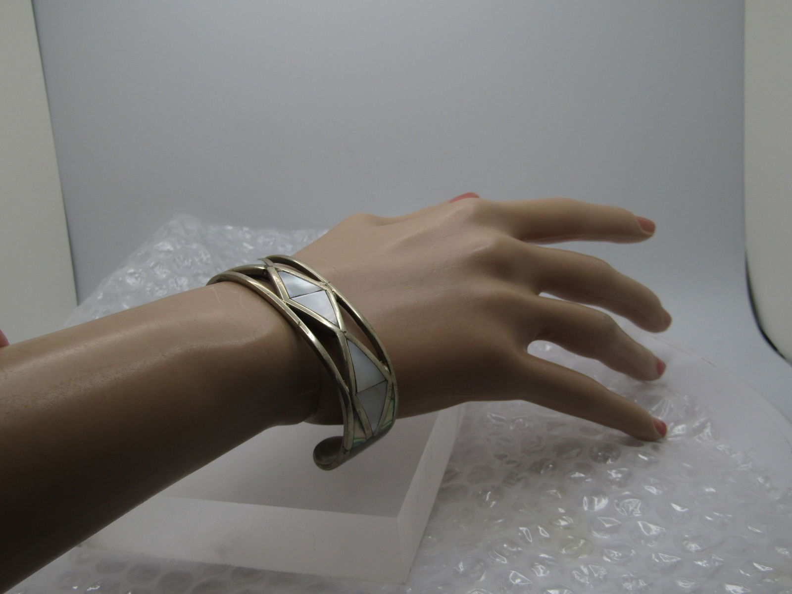 Vintage Inlaid Mother-of-Pearl and Abalone Geometric Cuff Bracelet, 6.5" - 10