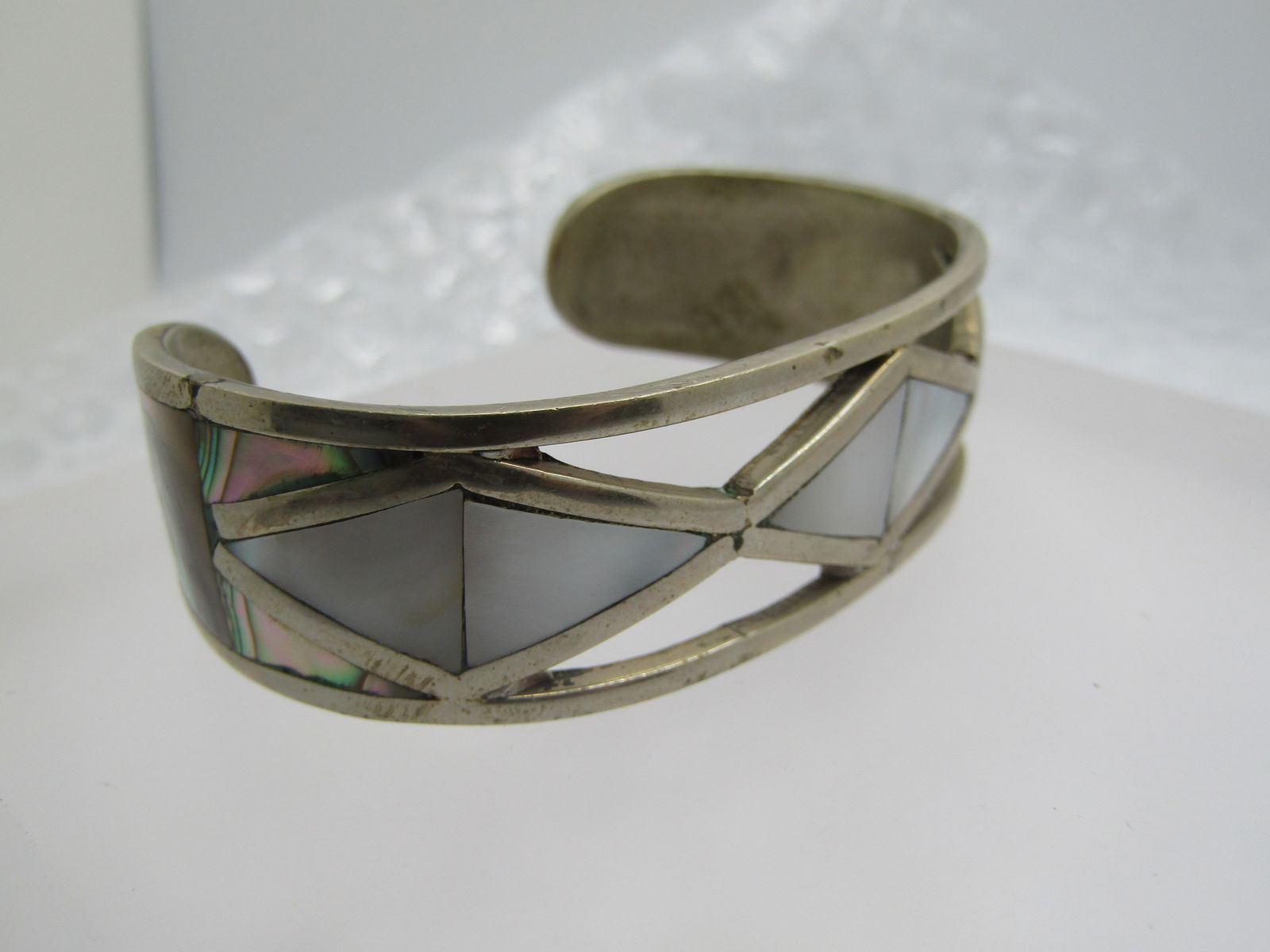 Vintage Inlaid Mother-of-Pearl and Abalone Geometric Cuff Bracelet, 6.5" - 2