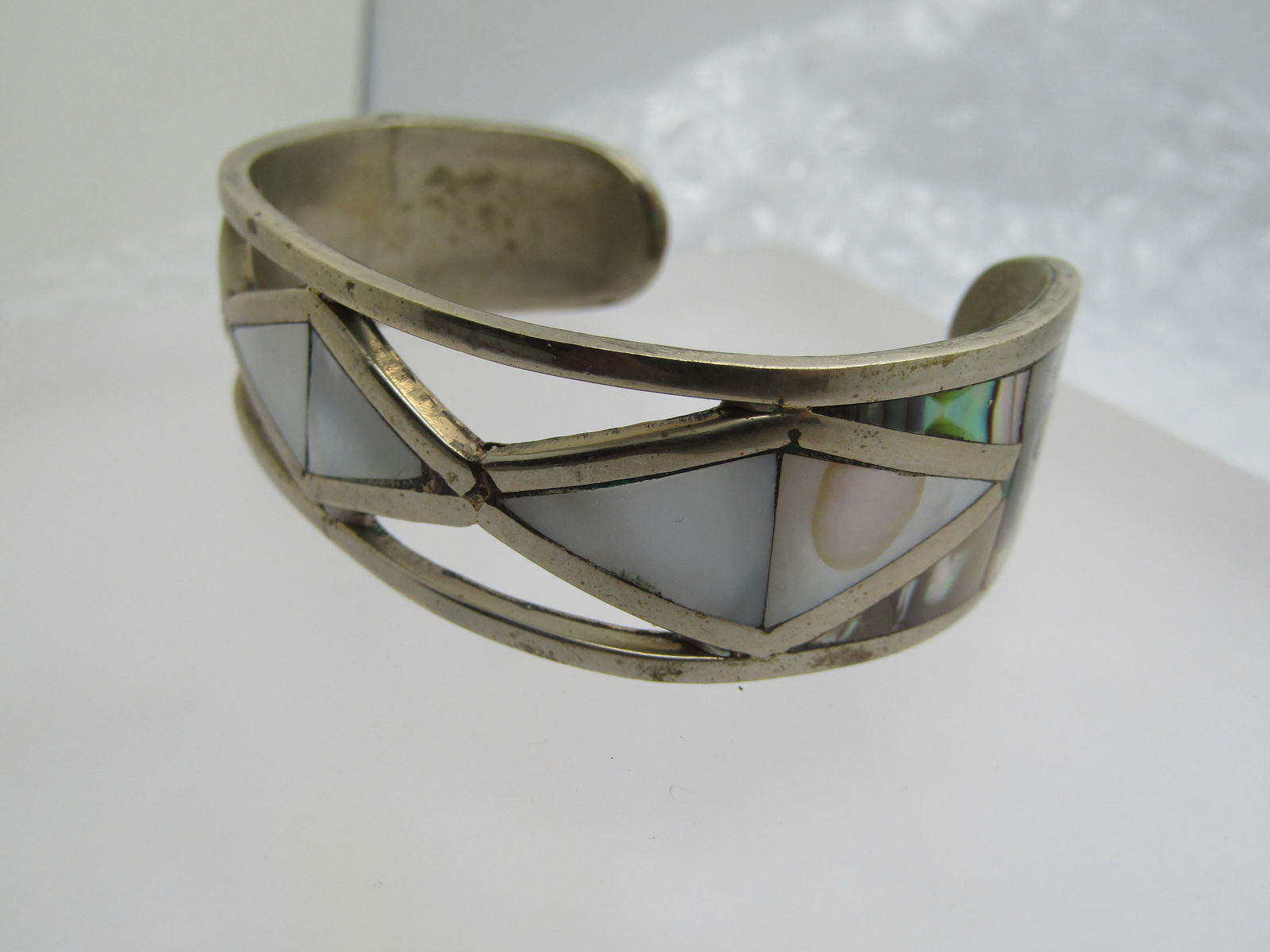 Vintage Inlaid Mother-of-Pearl and Abalone Geometric Cuff Bracelet, 6.5" - 3