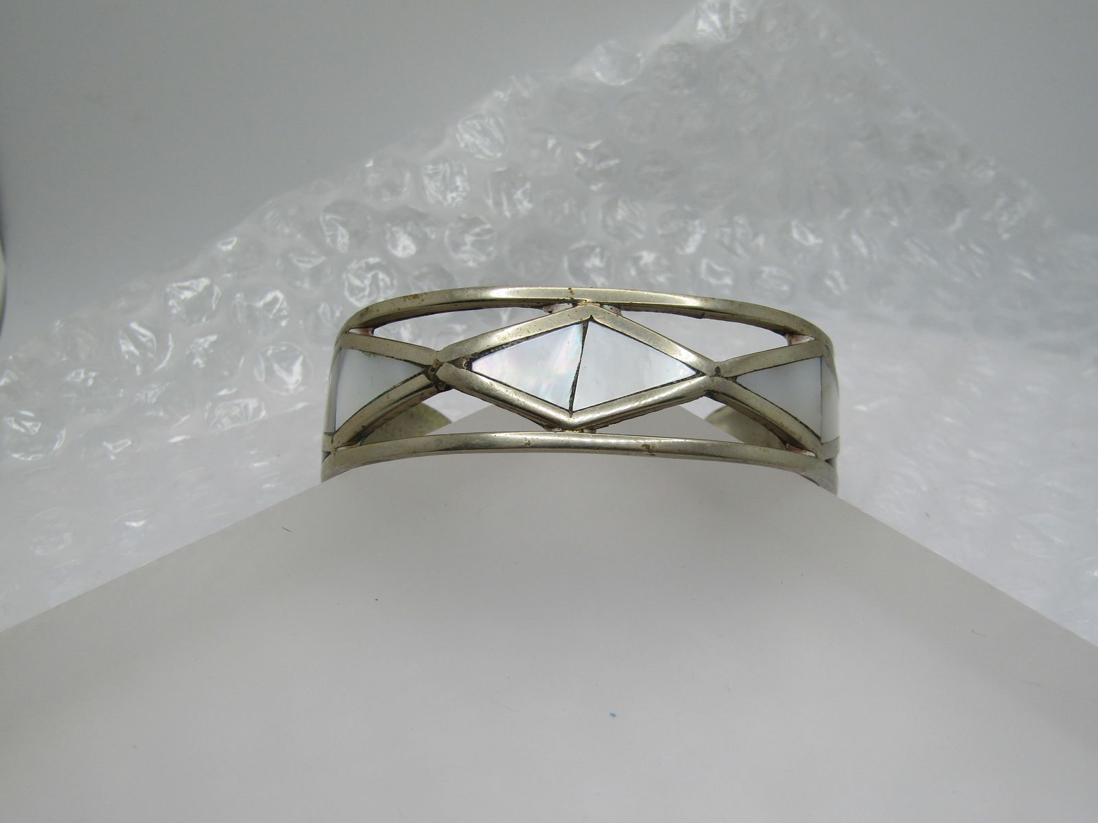 Vintage Inlaid Mother-of-Pearl and Abalone Geometric Cuff Bracelet, 6.5" - 6