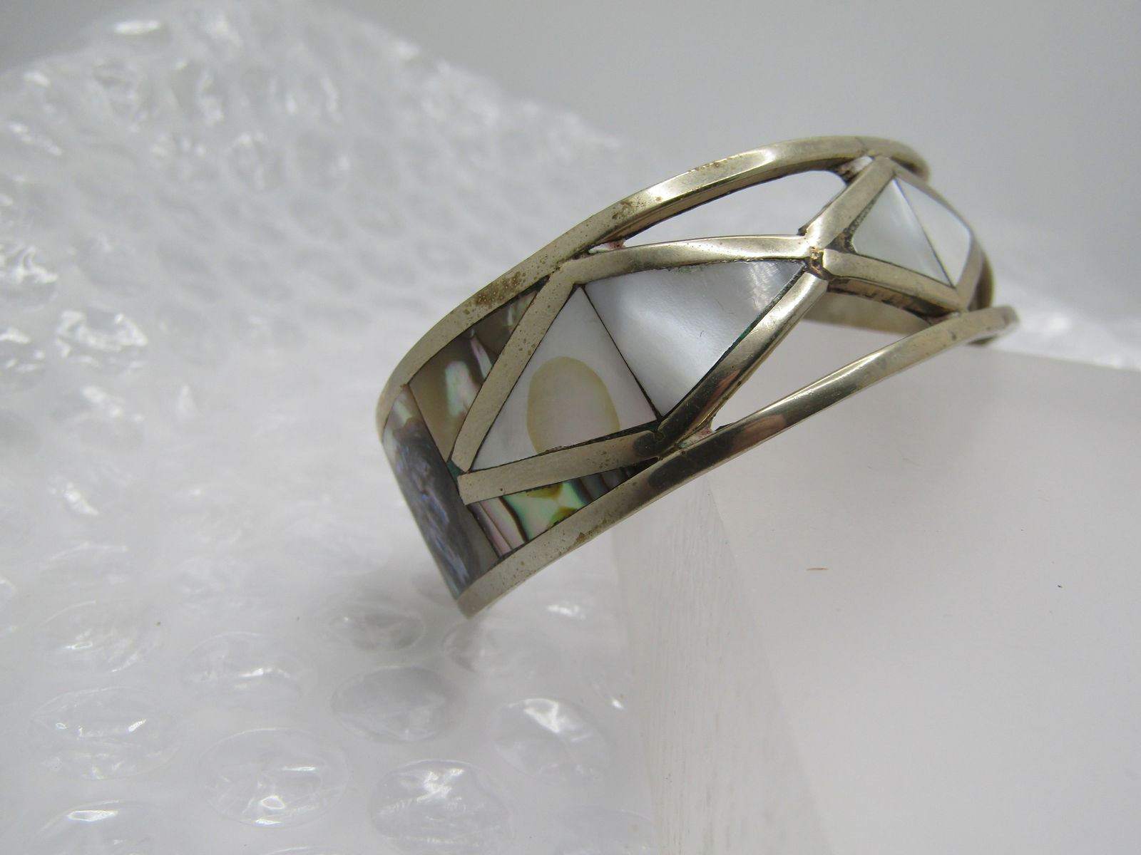 Vintage Inlaid Mother-of-Pearl and Abalone Geometric Cuff Bracelet, 6.5" - 7
