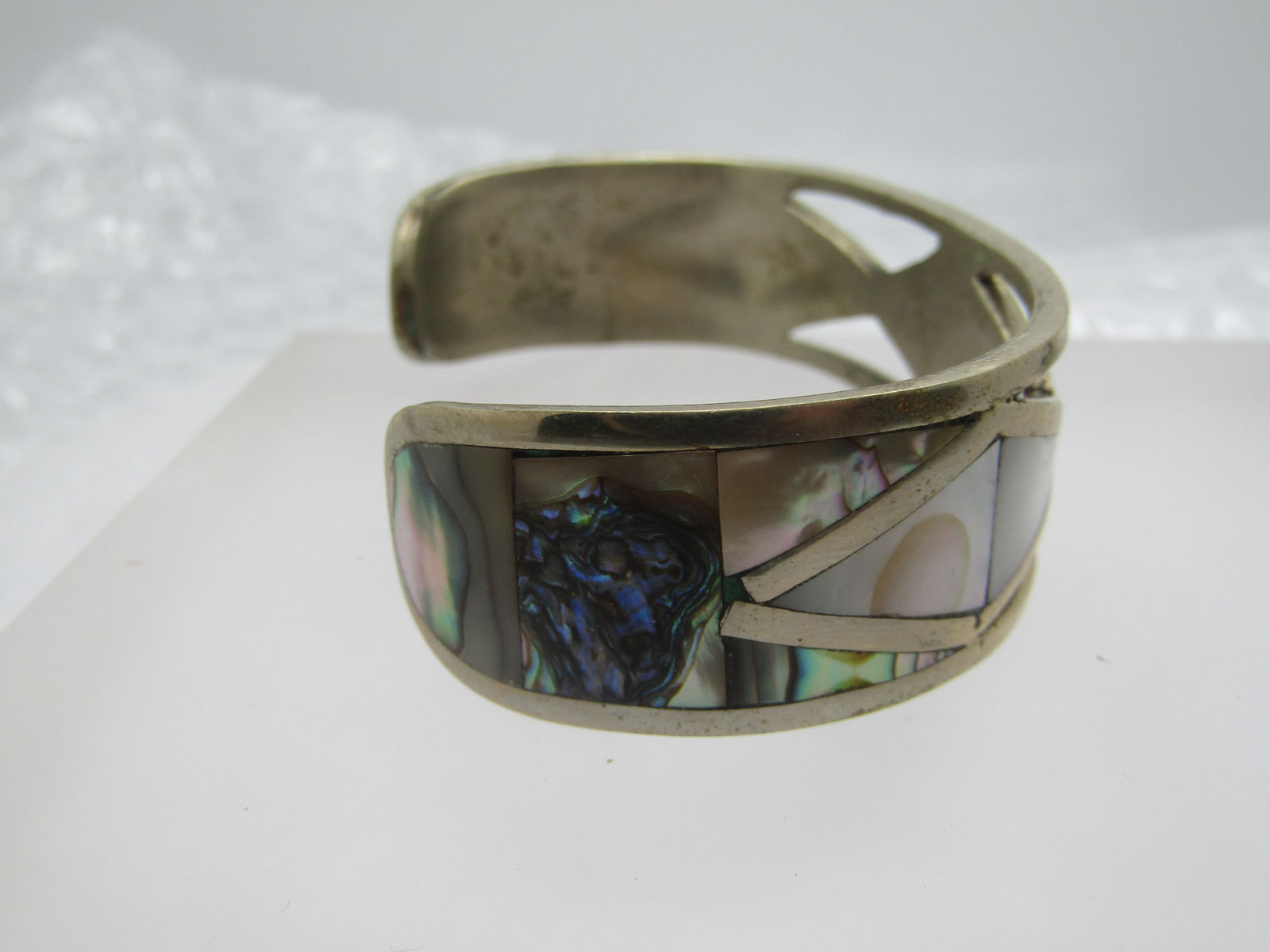 Vintage Inlaid Mother-of-Pearl and Abalone Geometric Cuff Bracelet, 6.5" - 8