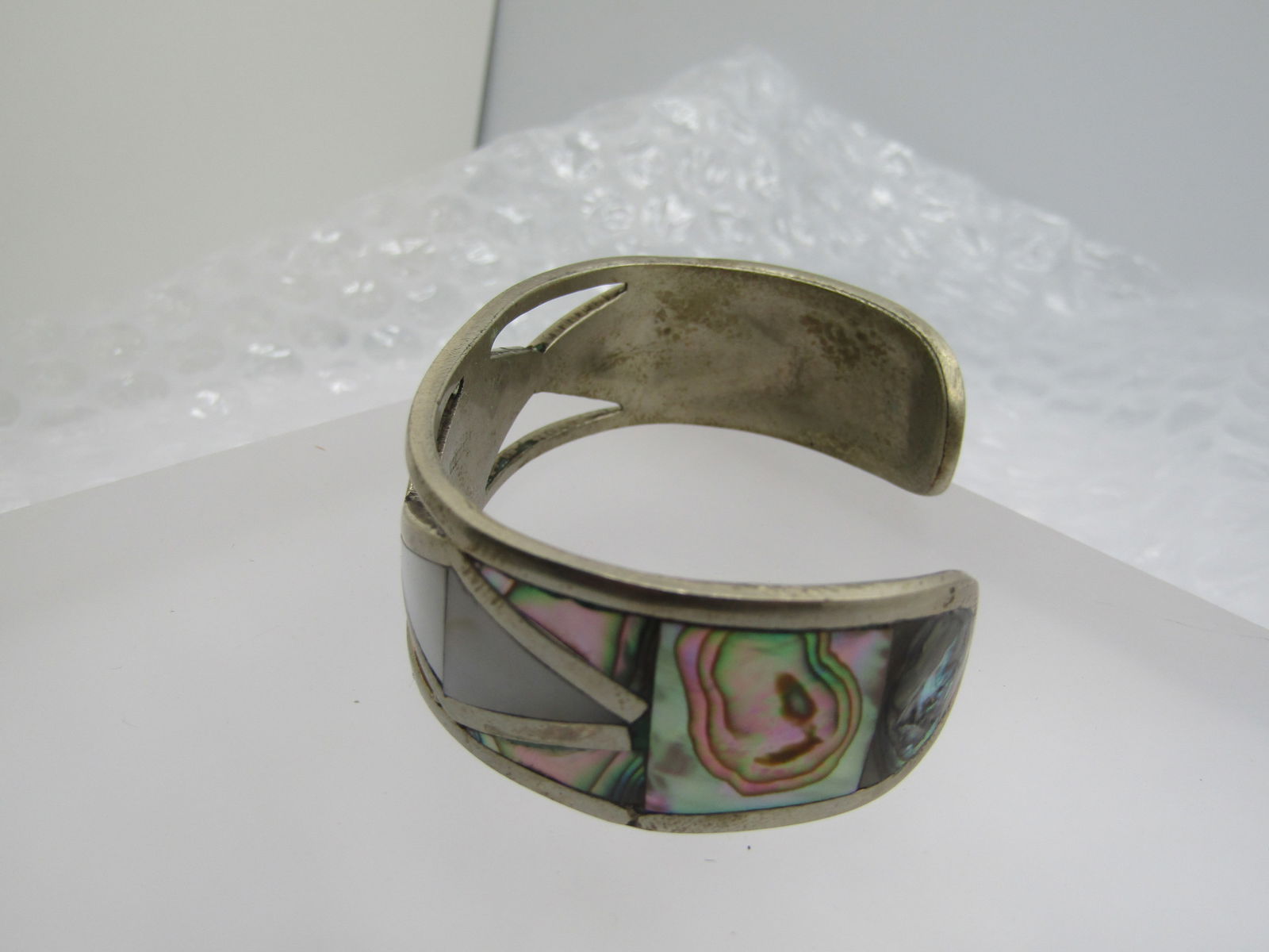 Vintage Inlaid Mother-of-Pearl and Abalone Geometric Cuff Bracelet, 6.5" - 9