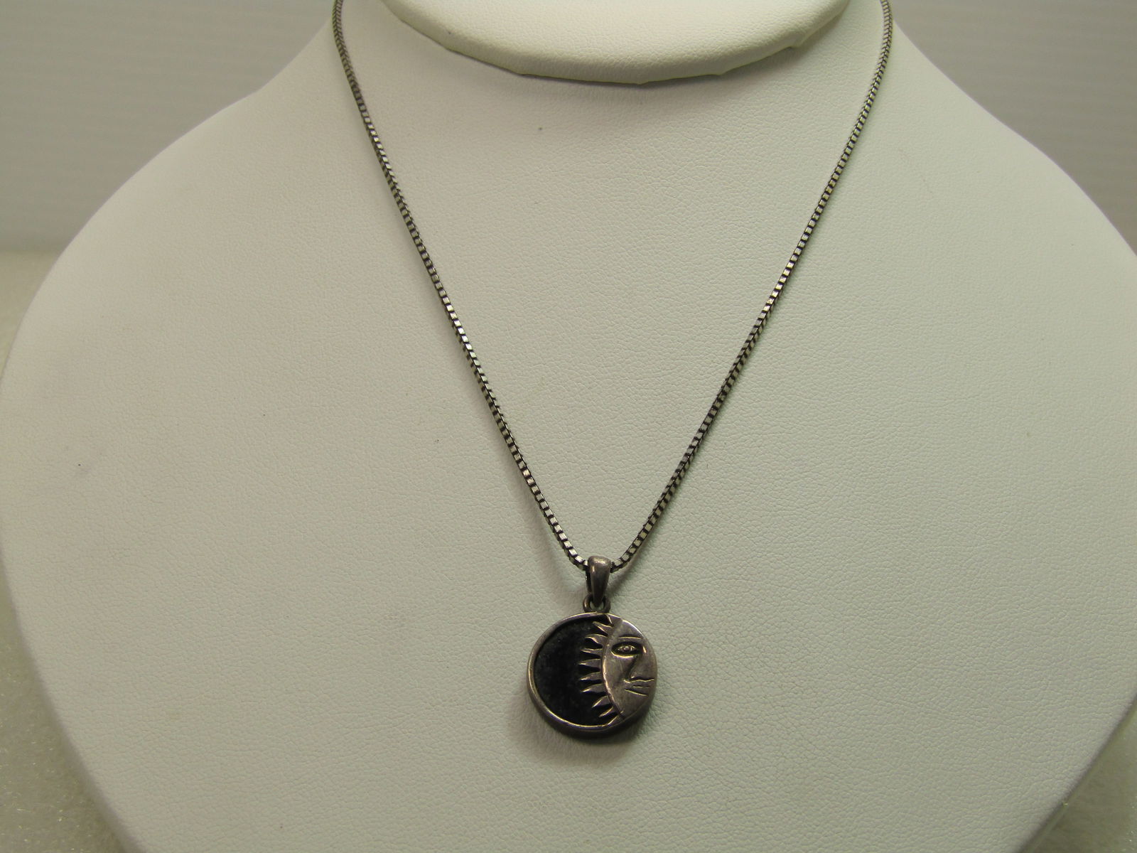 Vintage Sterling Sunface Necklace, 22", 1980's-1990's, Signed: Title: Vintage Sterling Sunface Necklace, 22", 1980's-1990's, Signed Description: Vintage Sterling Sunface Necklace, 22", 1980's-1990's, Signed HAN. Celestial Design. This has half of a sun face