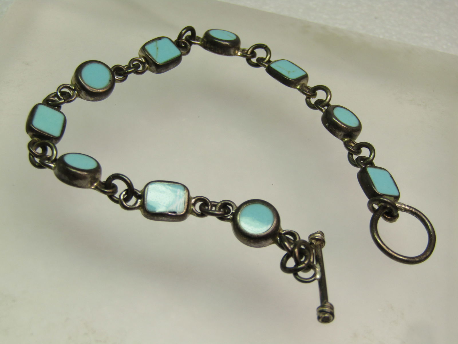 Vintage Sterling Inlaid Turquoise Link Bracelet, 8", Toggle Clasp, 1980's-1990's. Signed - 2