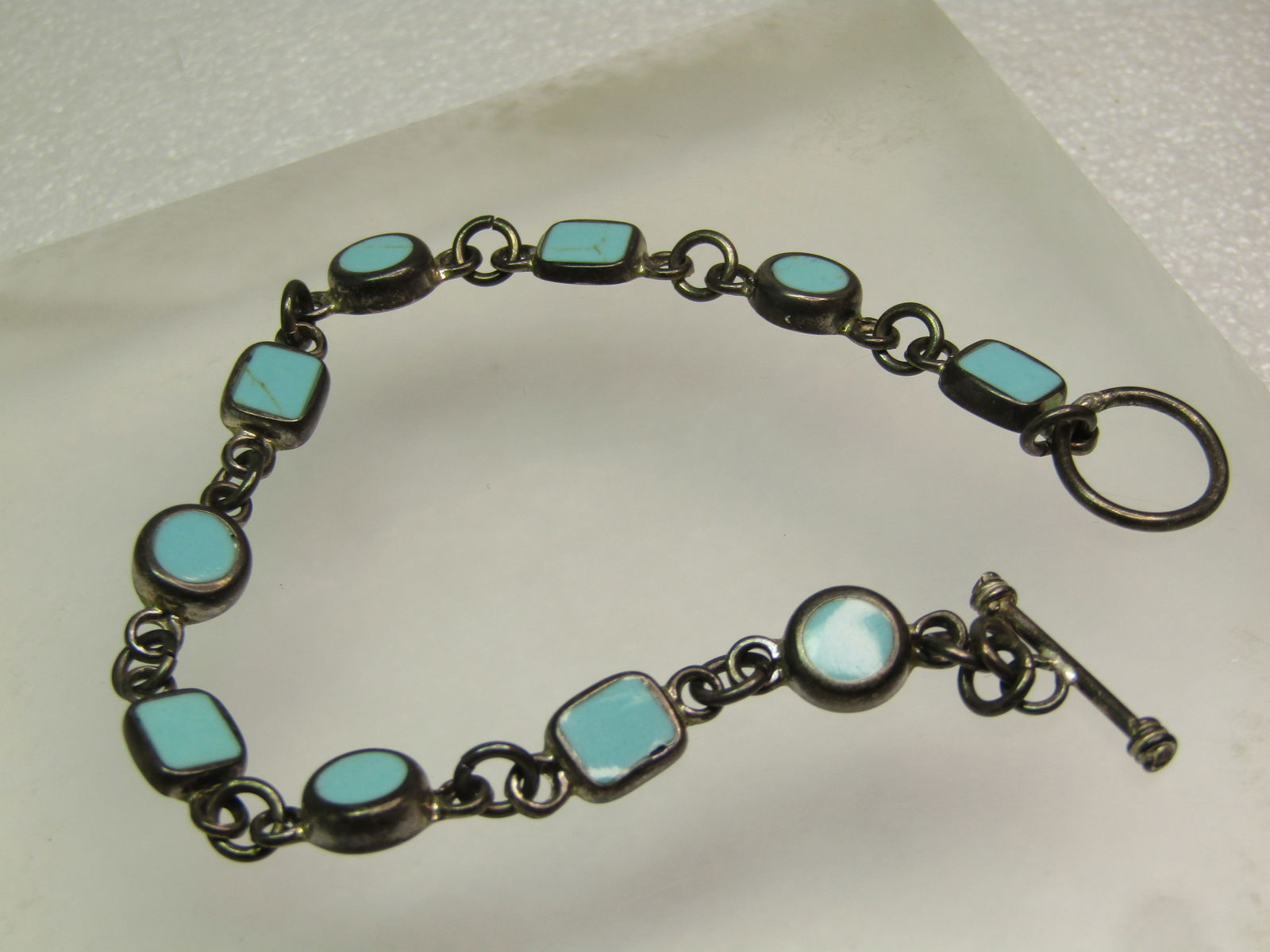 Vintage Sterling Inlaid Turquoise Link Bracelet, 8", Toggle Clasp, 1980's-1990's. Signed - 3