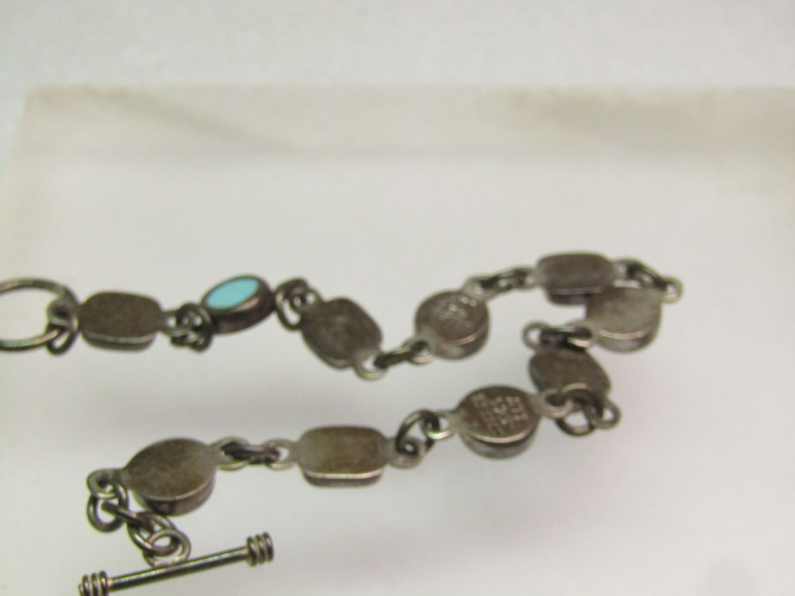 Vintage Sterling Inlaid Turquoise Link Bracelet, 8", Toggle Clasp, 1980's-1990's. Signed - 4
