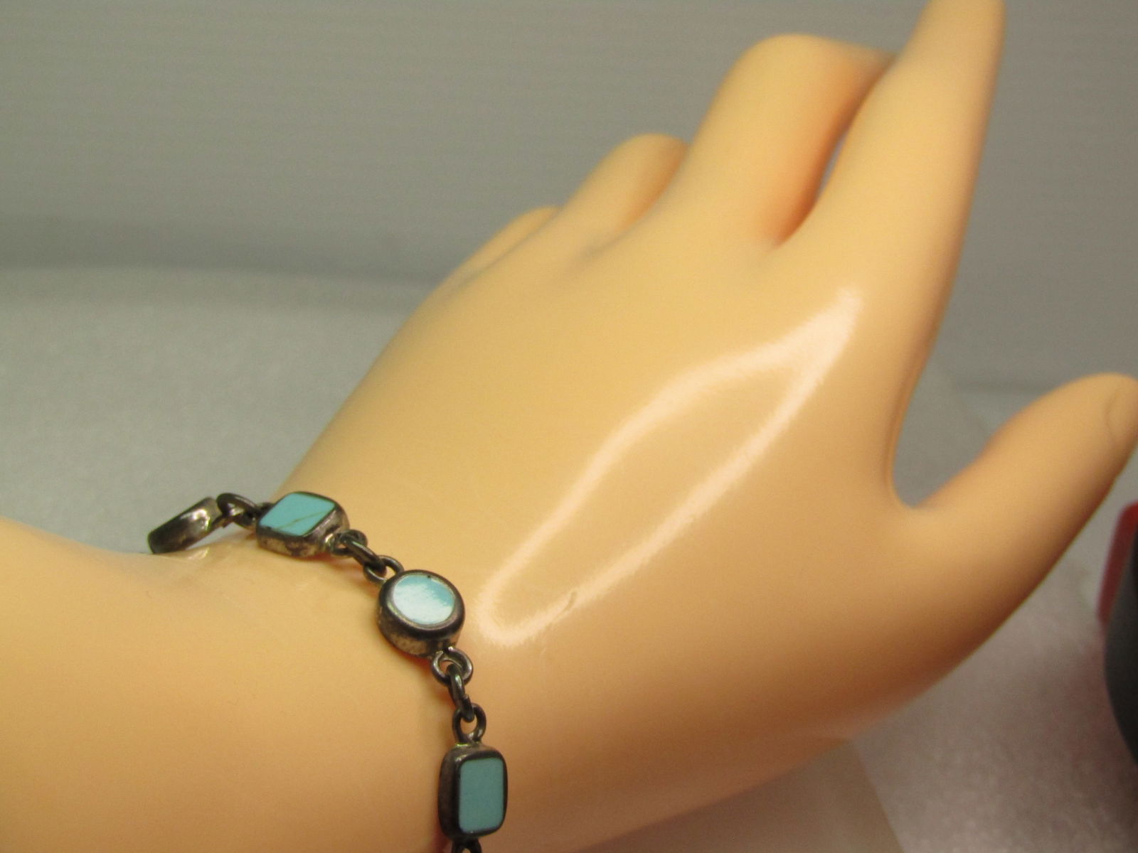 Vintage Sterling Inlaid Turquoise Link Bracelet, 8", Toggle Clasp, 1980's-1990's. Signed - 5