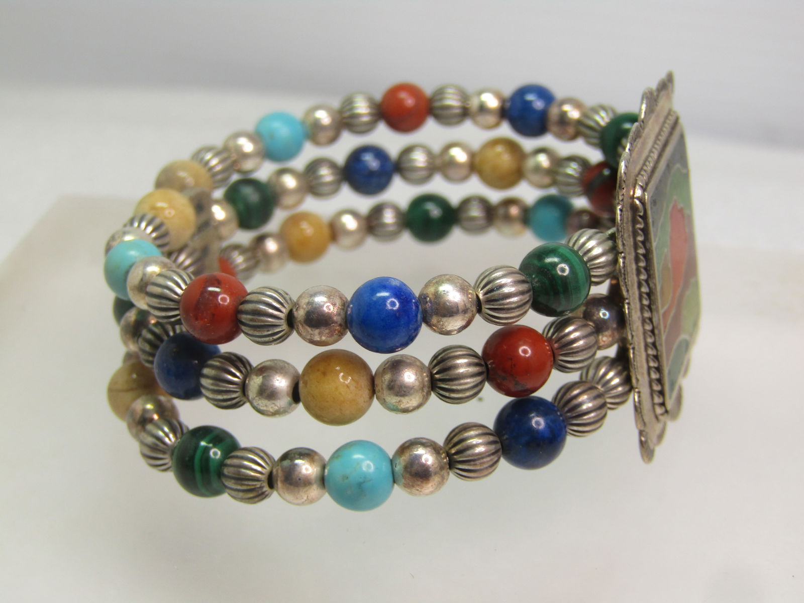 Carolyn Pollack Sterling Inlaid & Beaded Bracelet, Triple Strand Wrap, 1990's, 6.5" adjustable - 2
