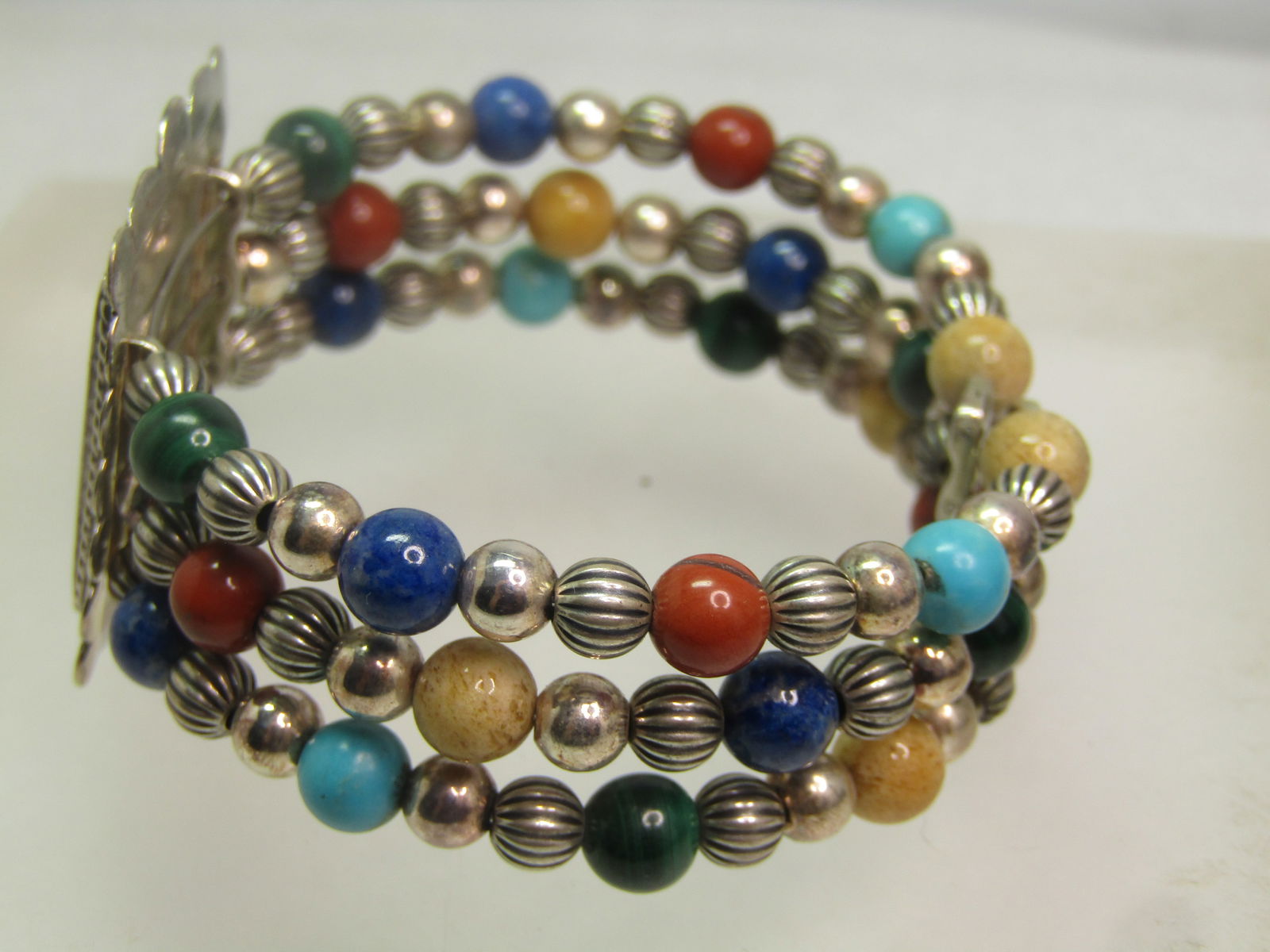 Carolyn Pollack Sterling Inlaid & Beaded Bracelet, Triple Strand Wrap, 1990's, 6.5" adjustable - 3