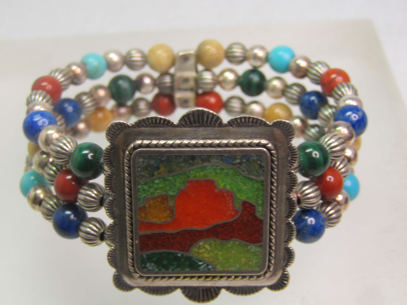 Carolyn Pollack Sterling Inlaid & Beaded Bracelet, Triple Strand Wrap, 1990's, 6.5" adjustable - 5