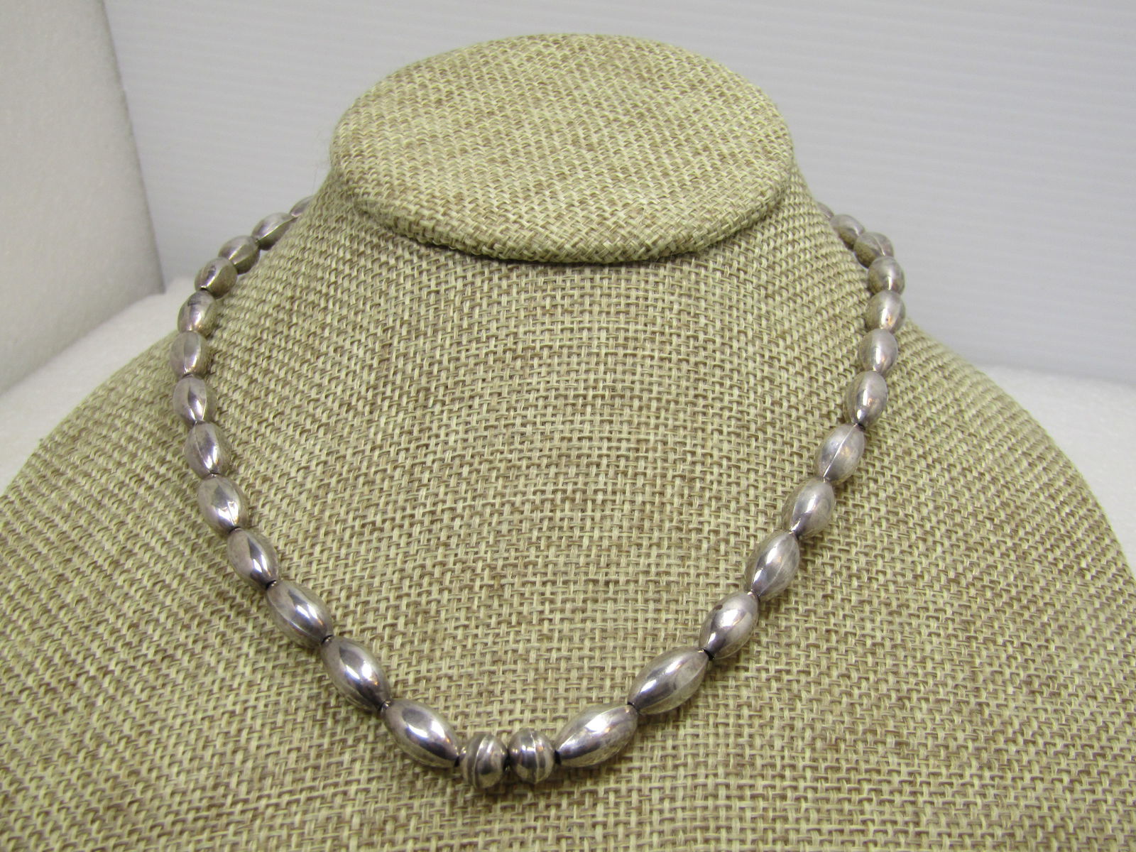 Vintage Sterling Navajo Oval Pearl Beaded Necklace, 16.5", 1970's-1980's - 2