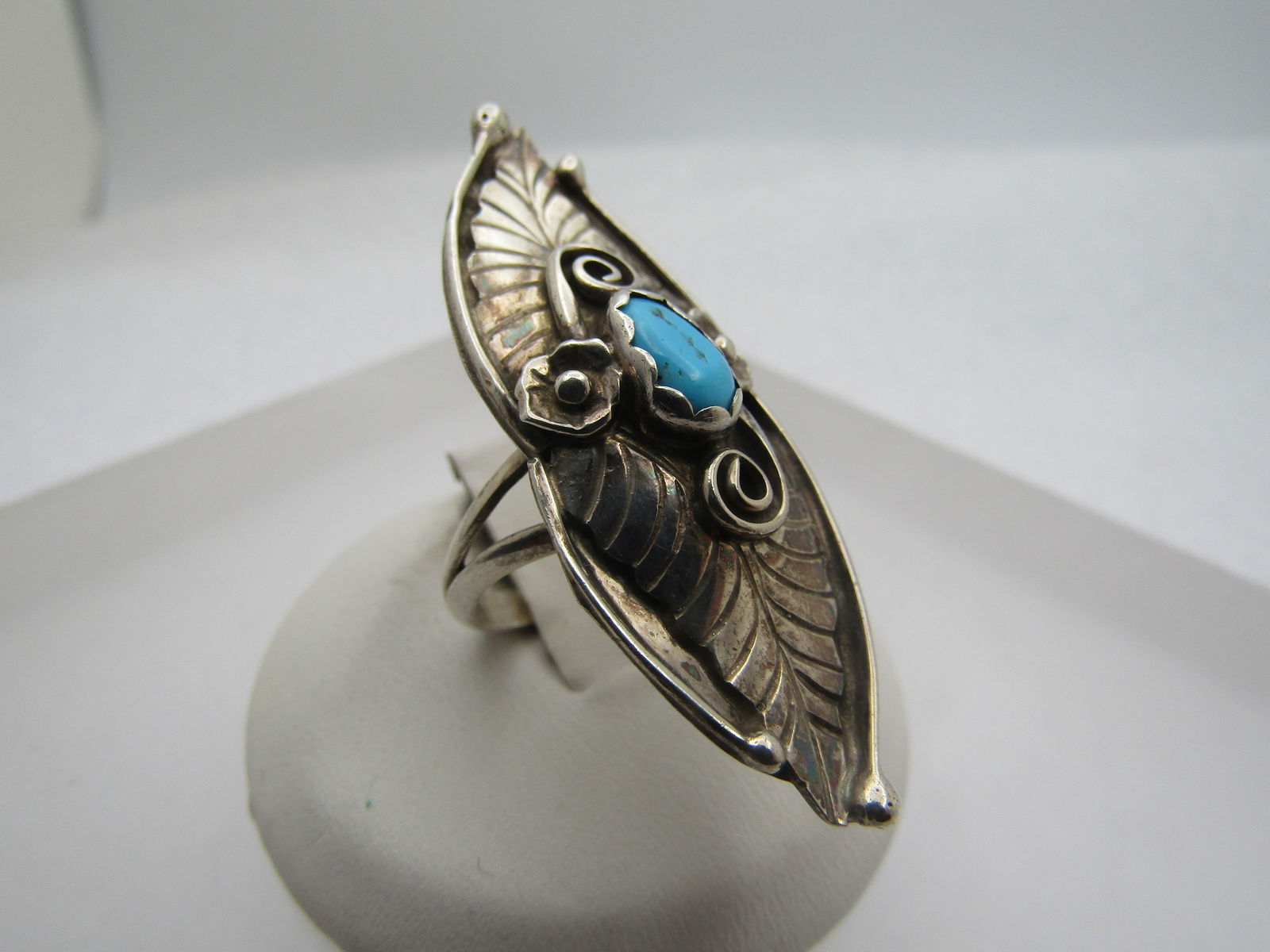 Vintage Sterling Southwestern Turquoise Ring, Long, Sz. 6.5, Signed E, 1970's-1980's - 2