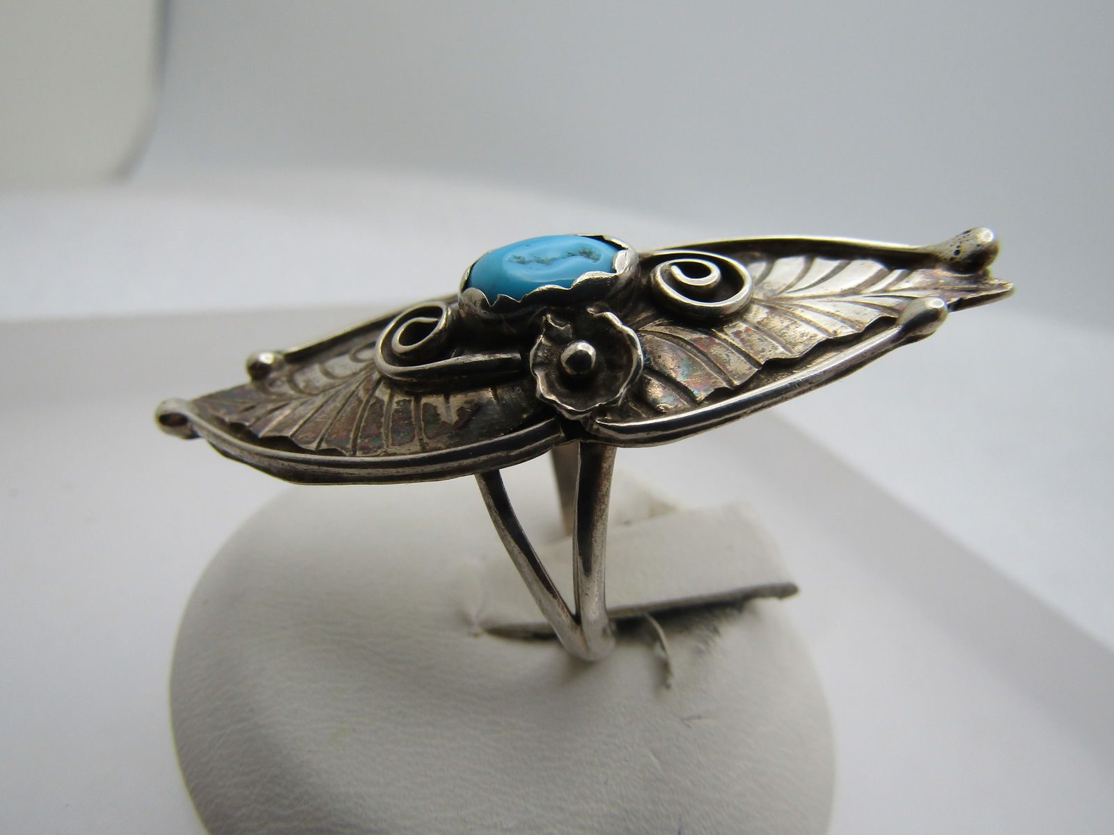 Vintage Sterling Southwestern Turquoise Ring, Long, Sz. 6.5, Signed E, 1970's-1980's - 4