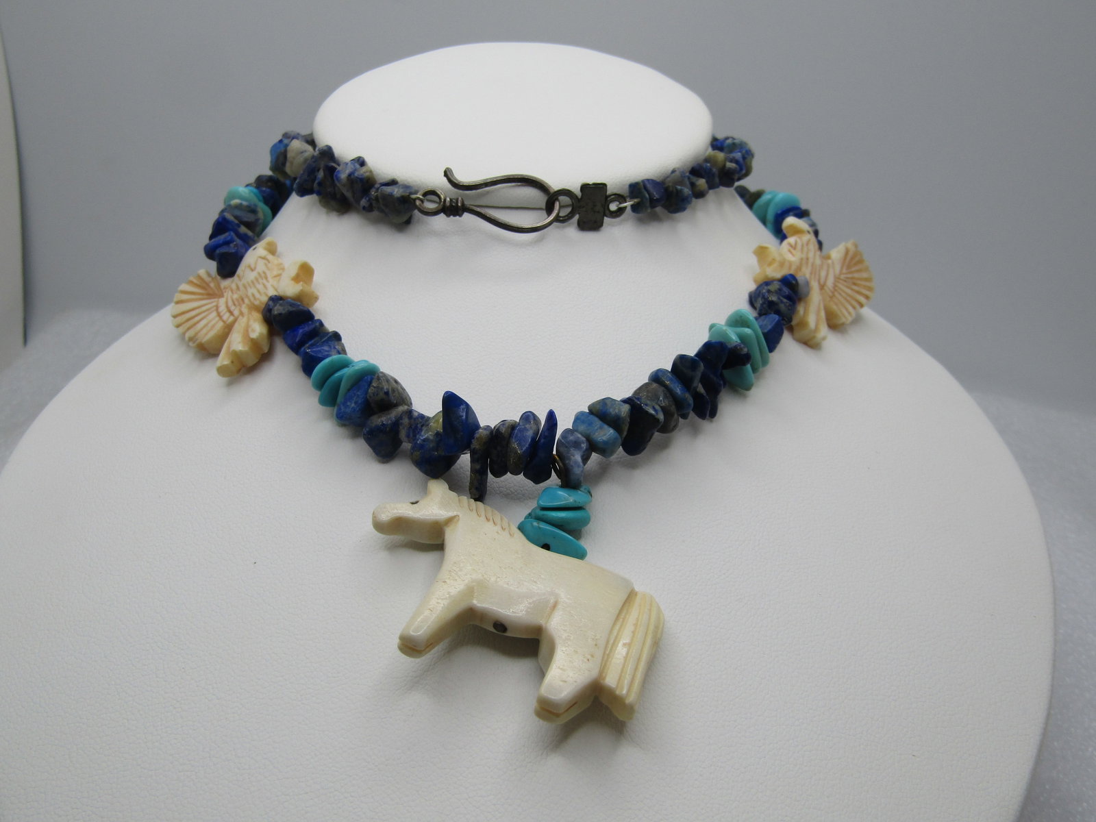 Vintage Southwestern Sodalite & Turquoise Beaded Necklace, Horses and Eagle Faux Fetish, 25", (1 of 6)