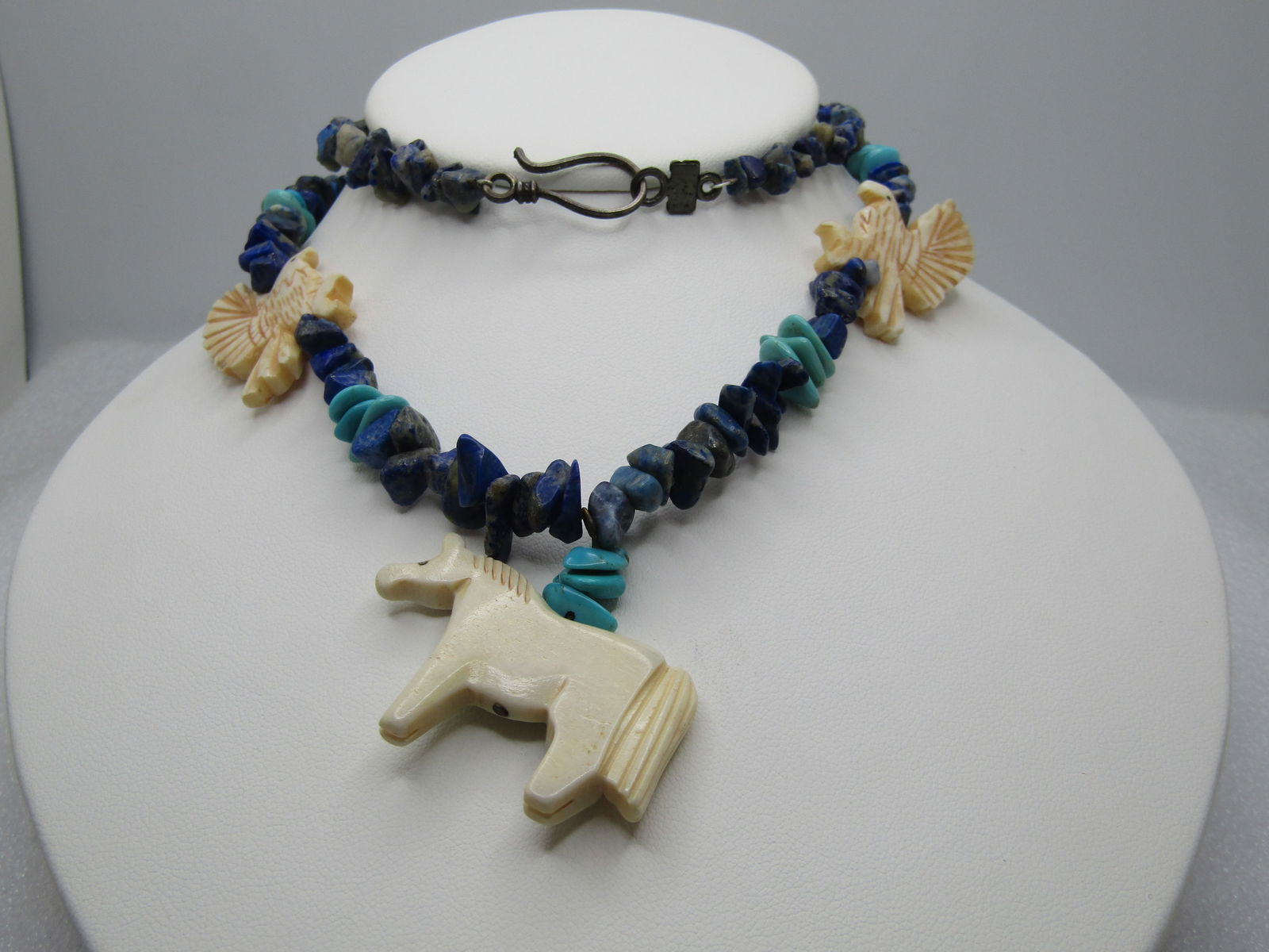 Vintage Southwestern Sodalite & Turquoise Beaded Necklace, Horses and Eagle Faux Fetish, 25", - 2