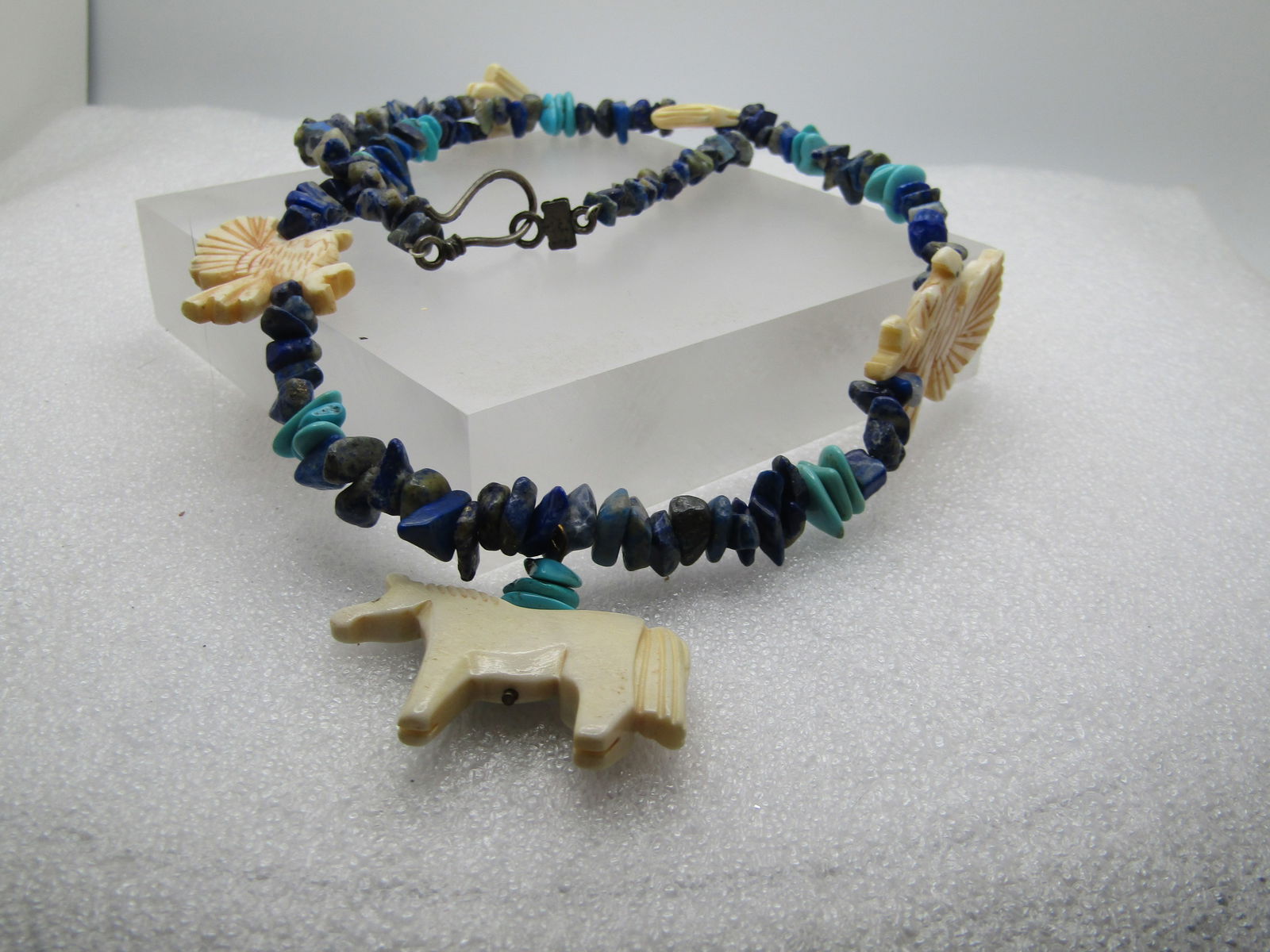 Vintage Southwestern Sodalite & Turquoise Beaded Necklace, Horses and Eagle Faux Fetish, 25", - 4