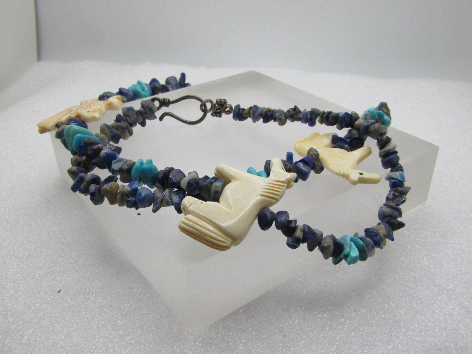 Vintage Southwestern Sodalite & Turquoise Beaded Necklace, Horses and Eagle Faux Fetish, 25", - 5