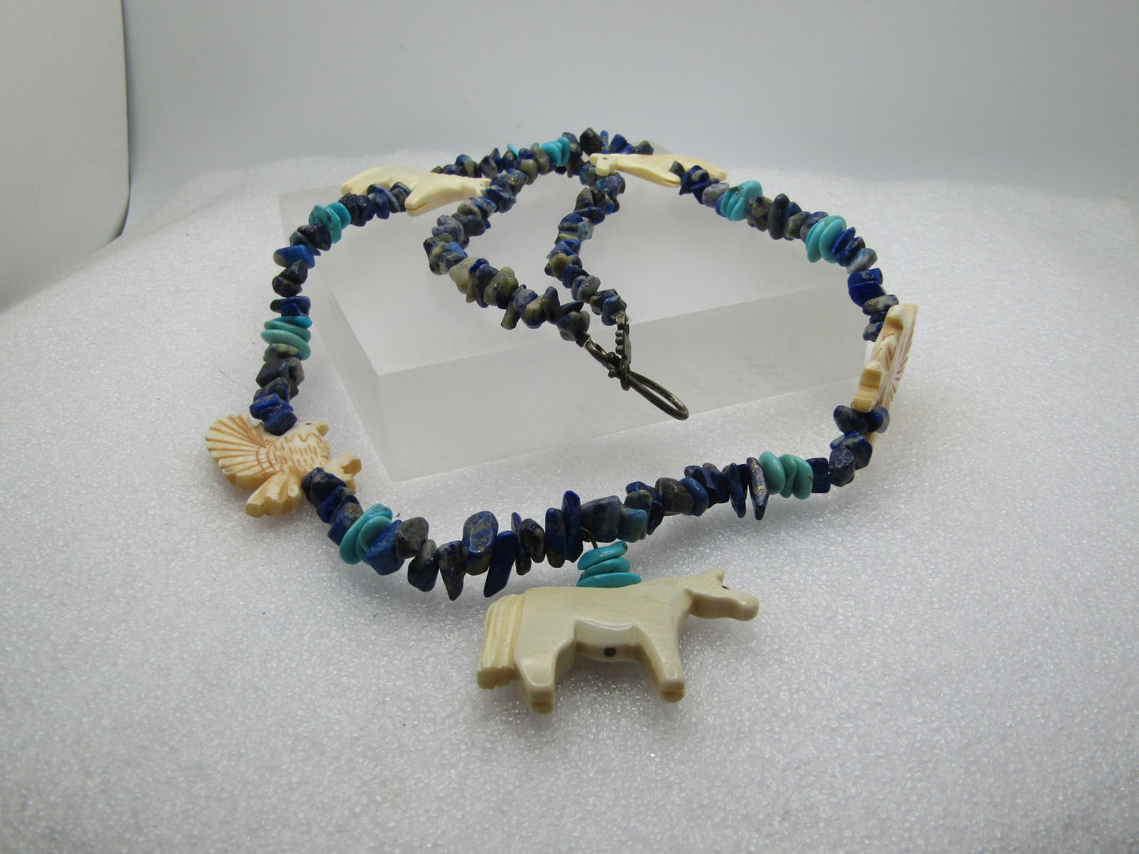 Vintage Southwestern Sodalite & Turquoise Beaded Necklace, Horses and Eagle Faux Fetish, 25", - 6