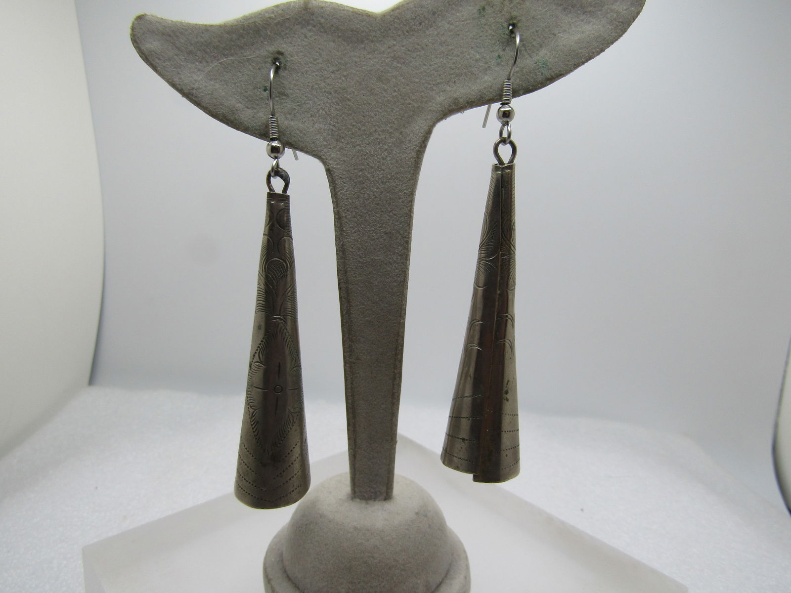 Vintage Conical Stamped/Engraved Southwestern Drop Earrings, 1960's-1970's: Title: Vintage Conical Stamped/Engraved Southwestern Drop Earrings, 1960's-1970's Description: Vintage Conical Stamped/Engraved Southwestern Drop Earrings, 1960's-1970's. These have an oversized look