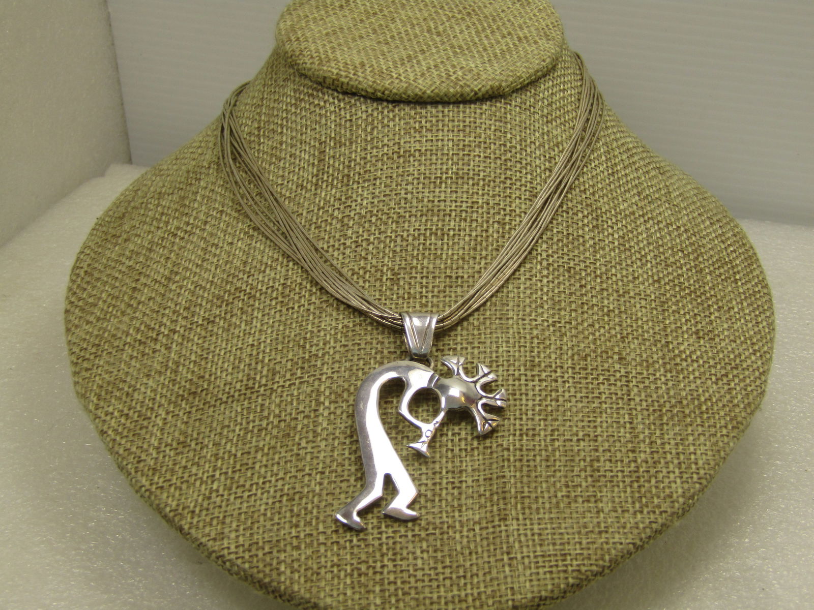 Vintage Sterling Navajo Kokopeli Ten Strand Necklace, 18", Signed GS, 1980's-1990's: Title: Vintage Sterling Navajo Kokopeli Ten Strand Necklace, 18", Signed GS, 1980's-1990's Description: Vintage Sterling Navajo Kokopeli Ten Strand Necklace, 18", Signed GS, 1980's-1990's. The pendant