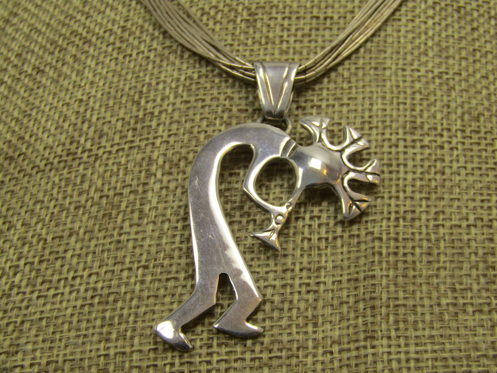 Vintage Sterling Navajo Kokopeli Ten Strand Necklace, 18", Signed GS, 1980's-1990's - 2