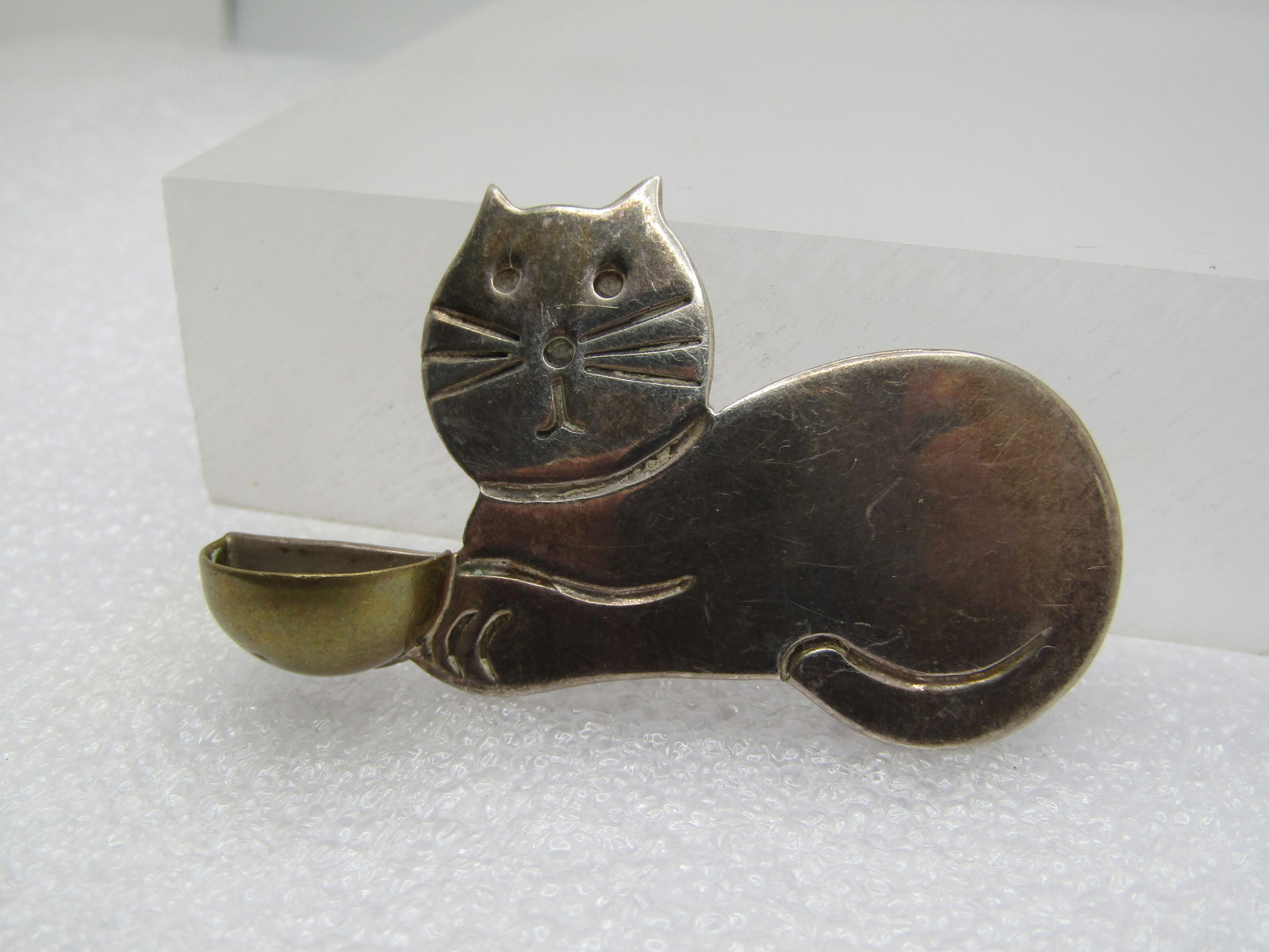 Vintage Sterling Cat with Bowl Brooch, Taxco, Mexico, Signed 925 MEXICO TM-212" and has partial - 2